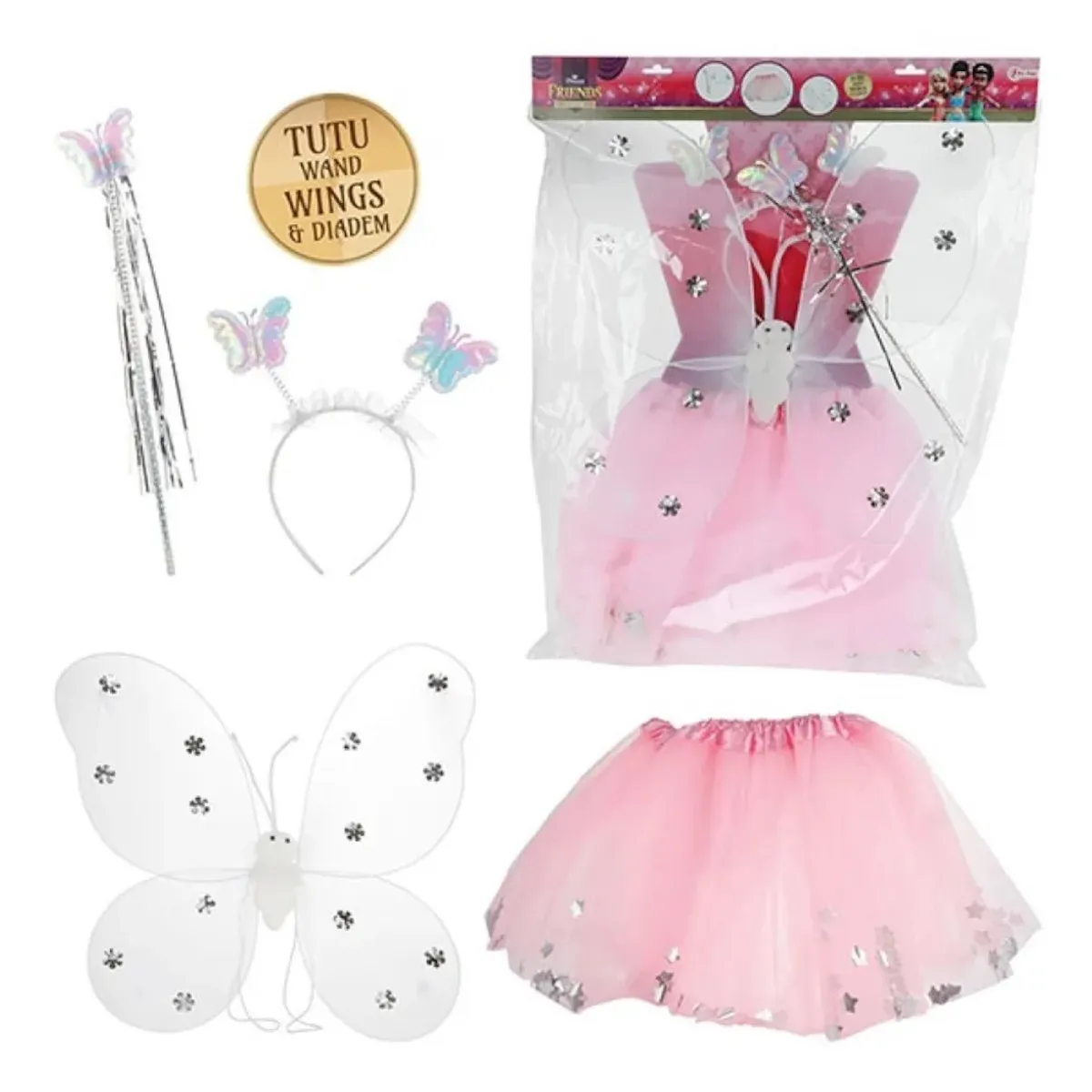 Toi-Toys - Kinderkostüm - Princess Friends Verkleidungsset Schmetterlingsfee (Tutu, Flügel, Diadem, Zauberstab)