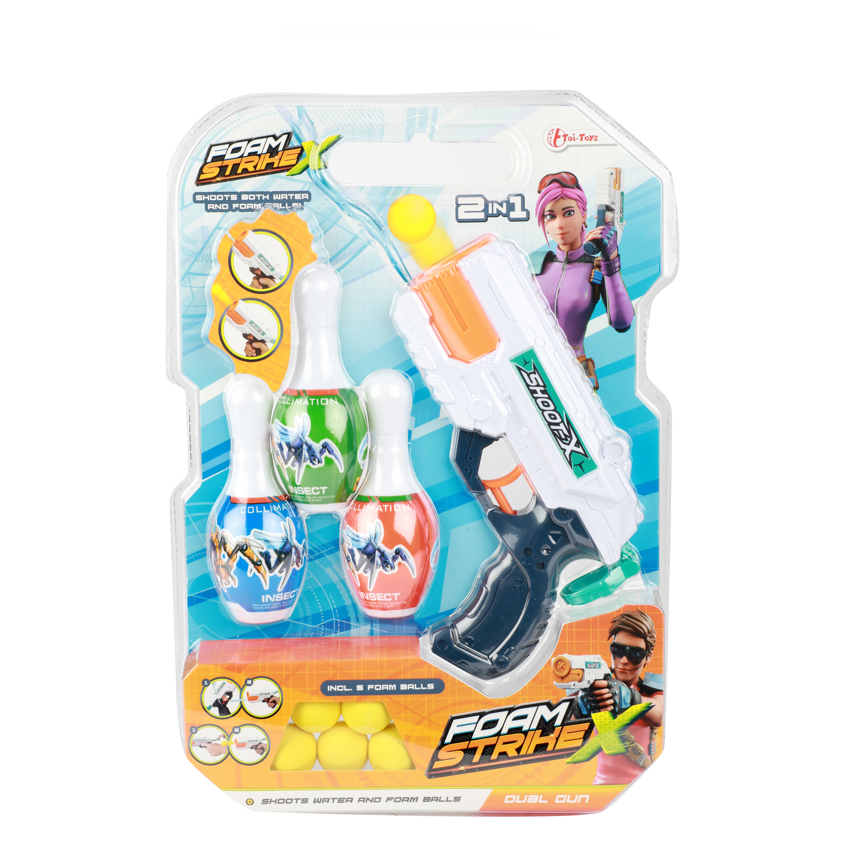 Toi-Toys 32743A - FOAM STRIKE X Set - Wasserpistole mit 5 Bällen und 3 Kegeln Toi-Toys 32743A - FOAM STRIKE X Set - Wasserpistole mit 5 Bällen und 3 Kegeln