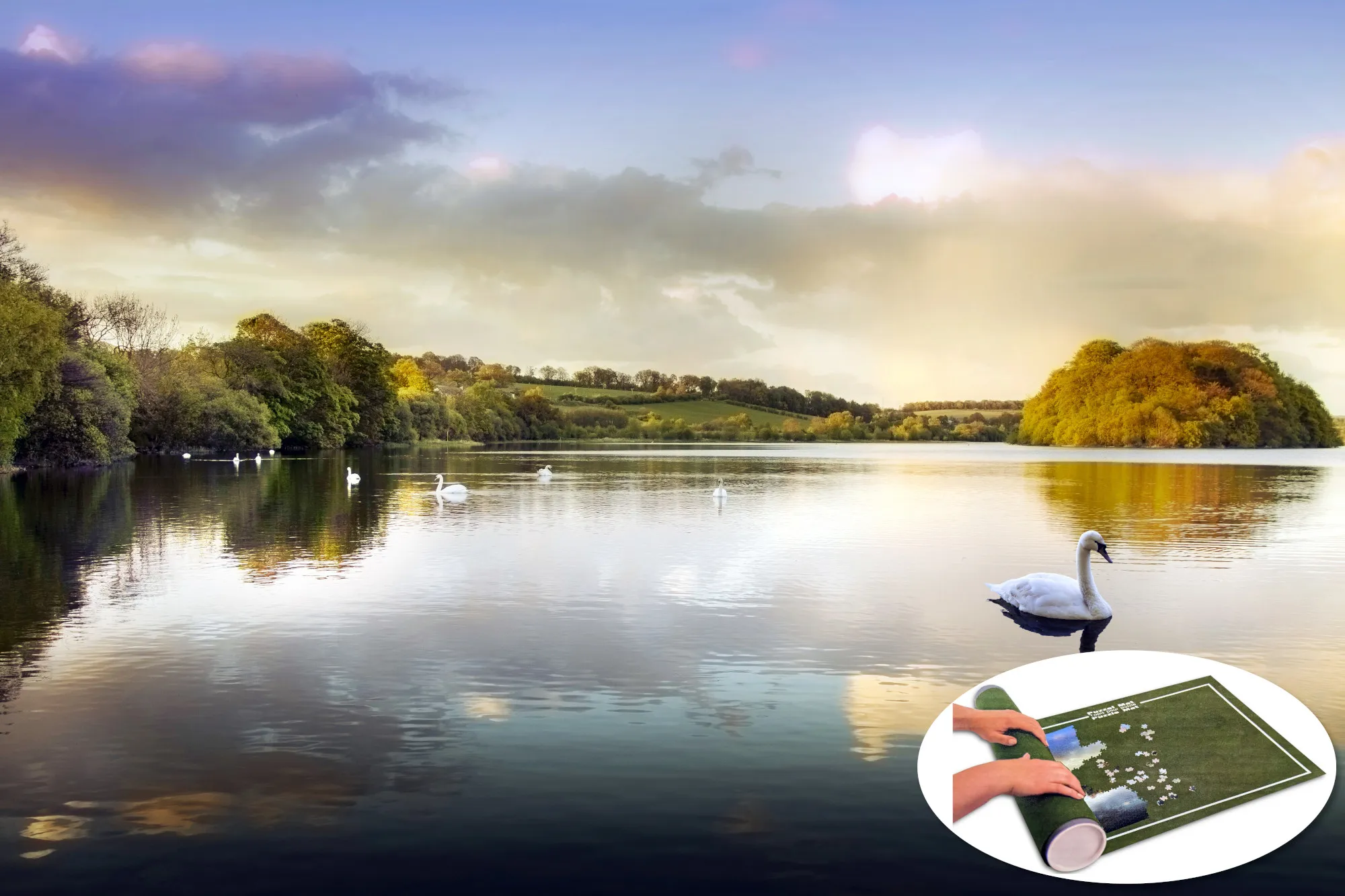 Puzzle inkl. Matte - Sunset on Swan Lake (1000 Teile)