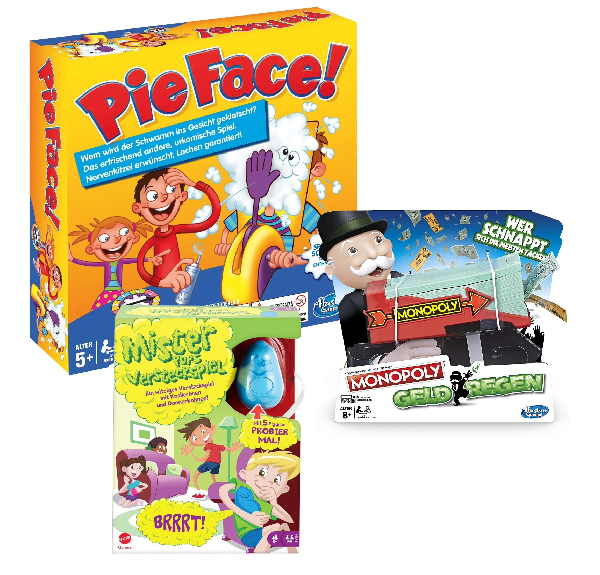 3er Spiele Bundle - Pie Face, Mister Pups, Monopoly Geldregen