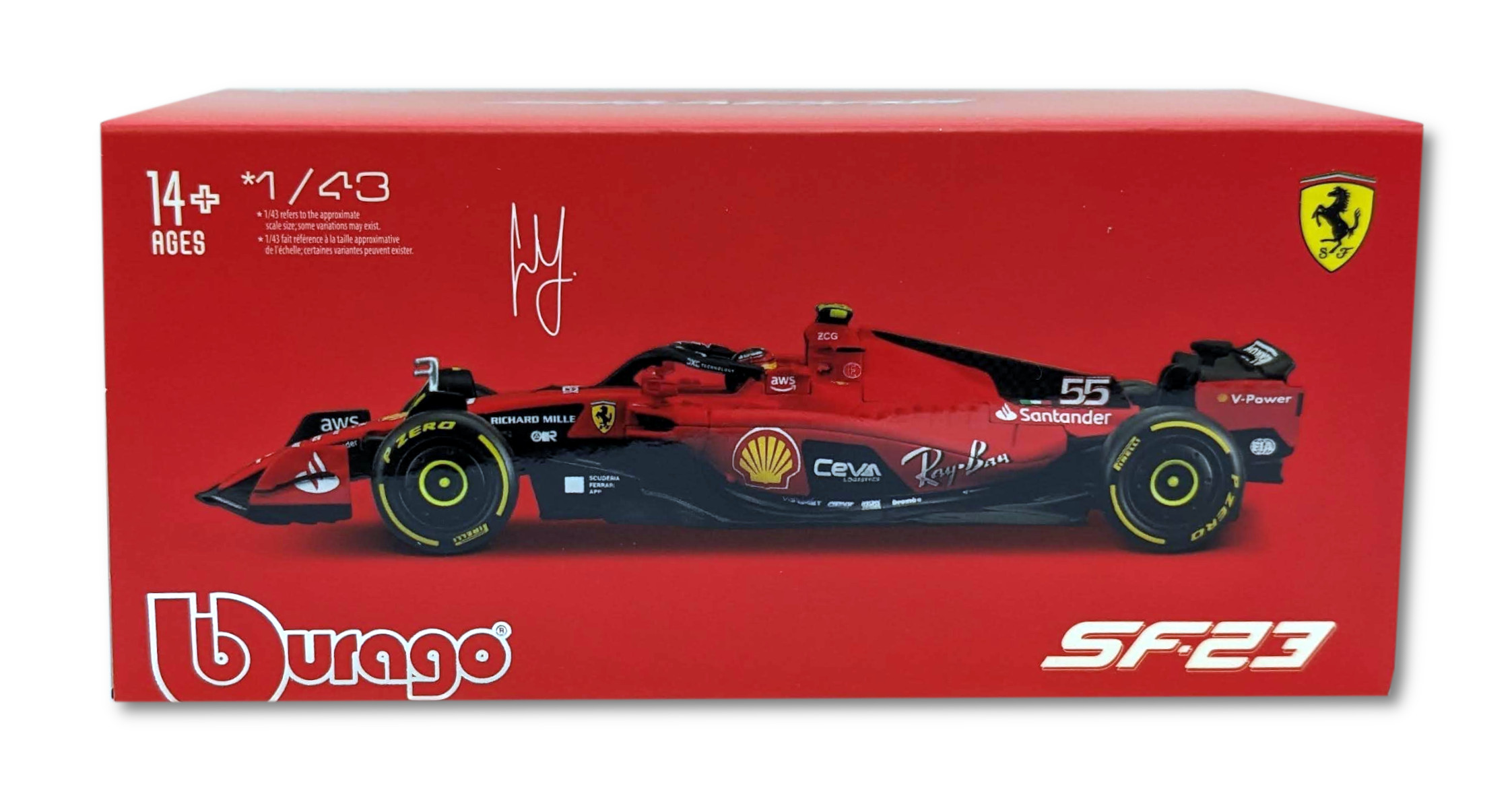 Bburago 18-36835S - Modellauto - F1 Ferrari SF-23 #55 Sainz (mit Helm, Maßstab 1:43)