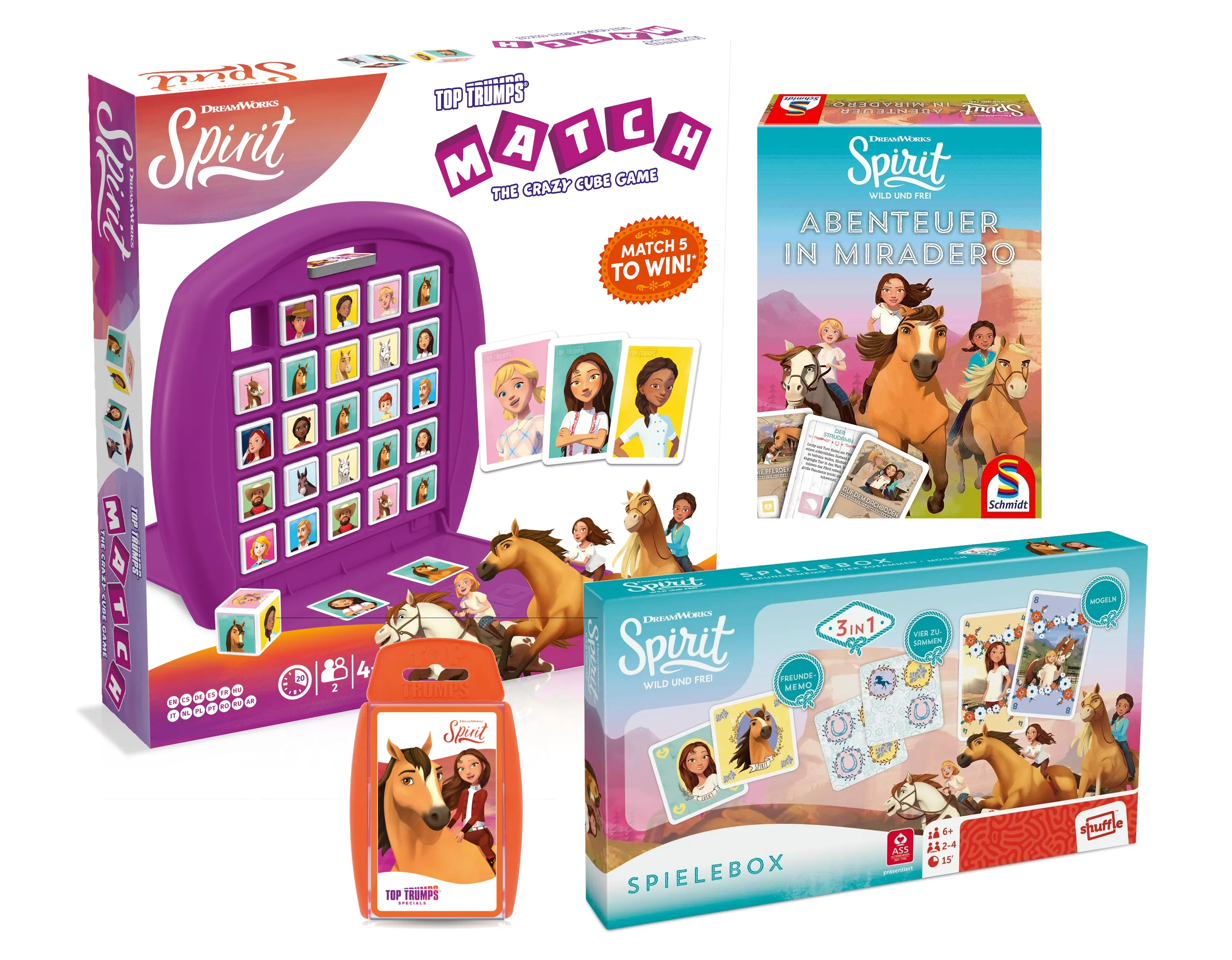 BUNDLE Spirit Riding Free - Top Trumps Match, Kartenspiel, Quartett und 3in1 Spielebox
