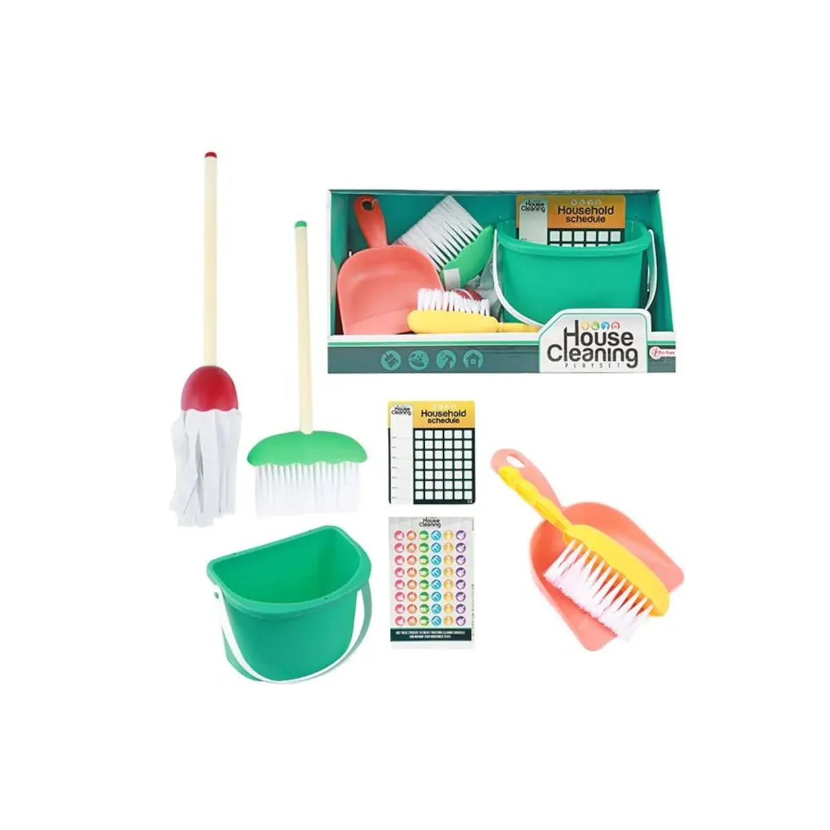 Toi-Toys HOUSE CLEANING Reinigungsset 7-teilig – Eimer, Besen, Mop & Stickerplan