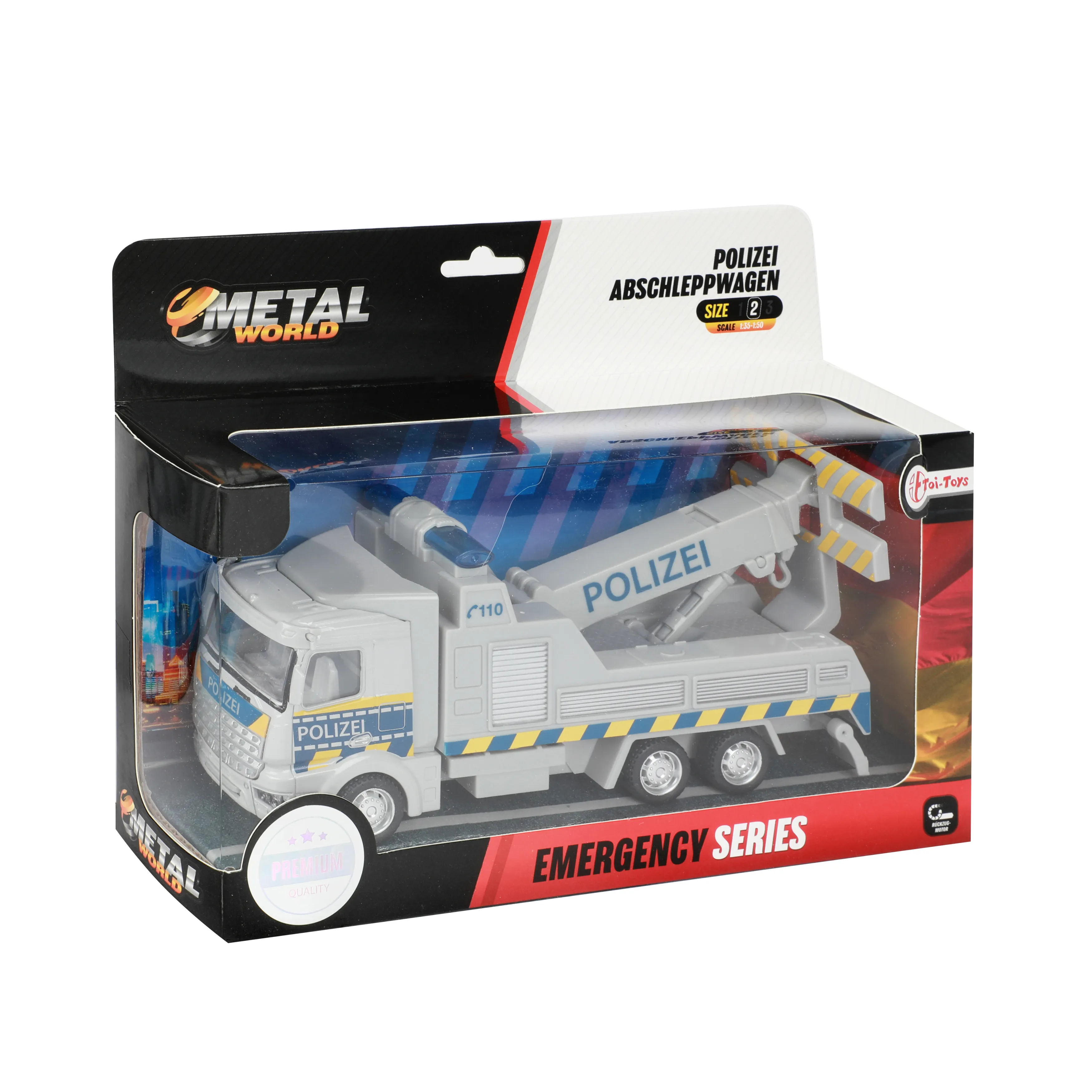 Toi-Toys 21745B - Metal World Spielzeugauto - Polizei Abschleppwagen mit Rückzugmotor
