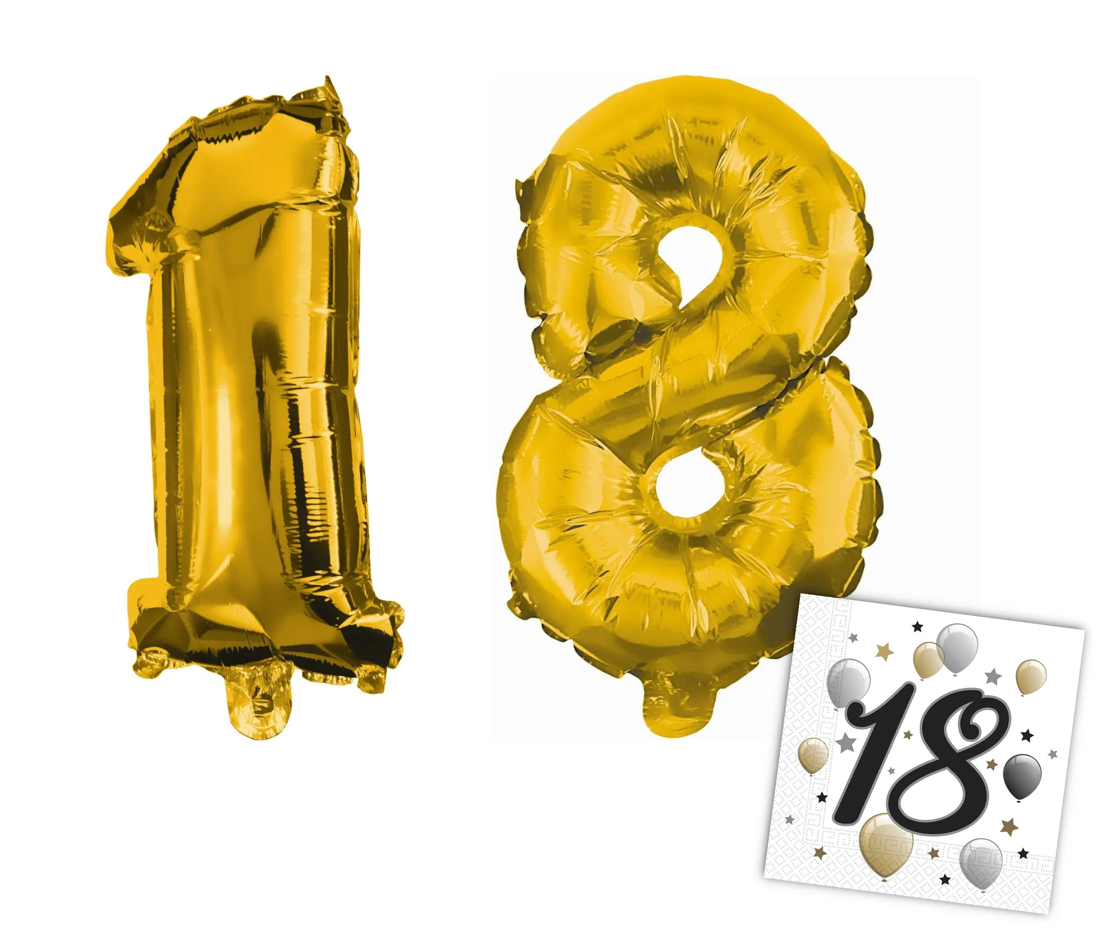 Procos - Folienballons - Zahlen 1 & 8 für 18. Geburtstag (33cm, gold) + Servietten »18«