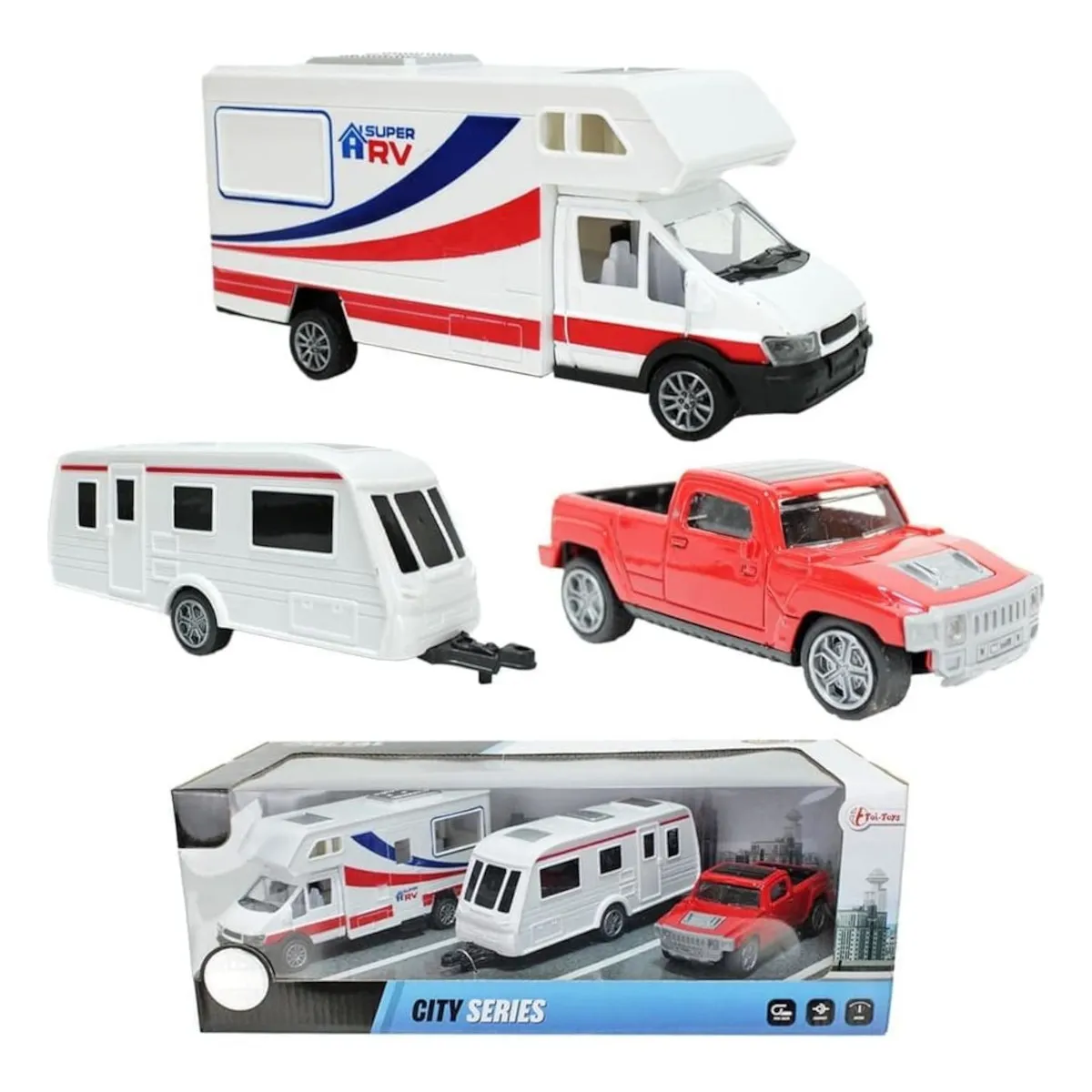 Toi-Toys - Modellfahrzeug Set - Wohnmobil + Wohnwagen + Pick-Up-Truck