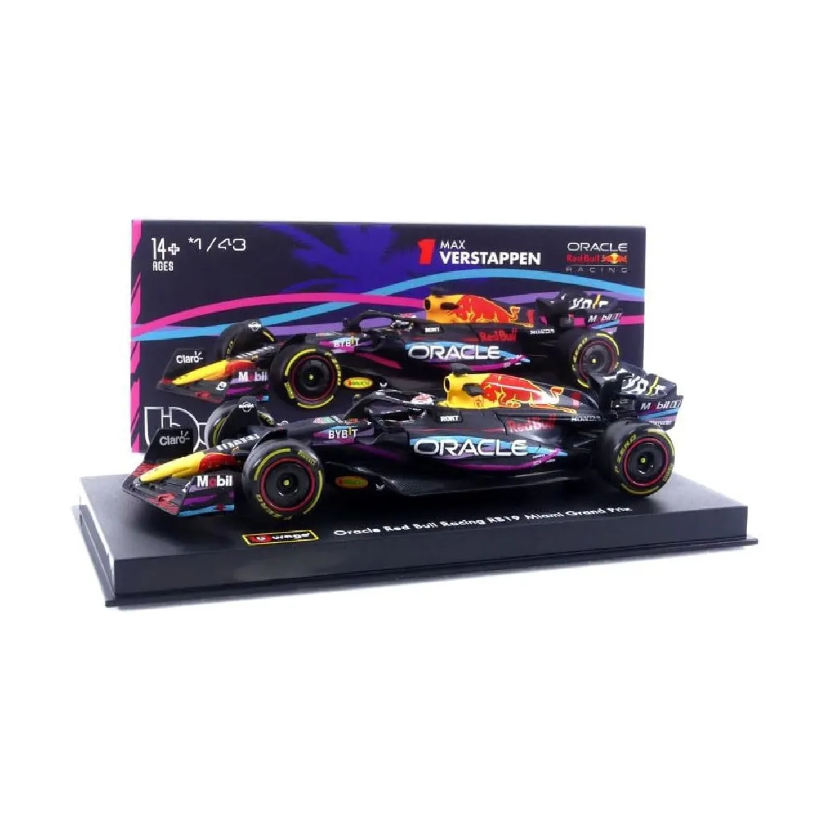 Bburago 18-38083V1 - Modellauto - F1 Red Bull RB19 '23 #1 Verstappen Miami GP (mit Helm, Maßstab 1:43)