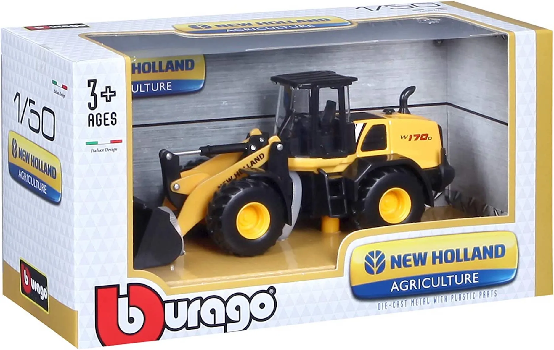 Bburago 18-32083 - Spielzeugfahrzeug - New Holland Radlader W170D (gelb, Maßstab 1:50)