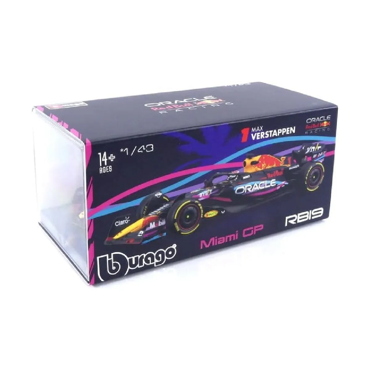 Bburago 18-38083V1 - Modellauto - F1 Red Bull RB19 '23 #1 Verstappen Miami GP (mit Helm, Maßstab 1:43)