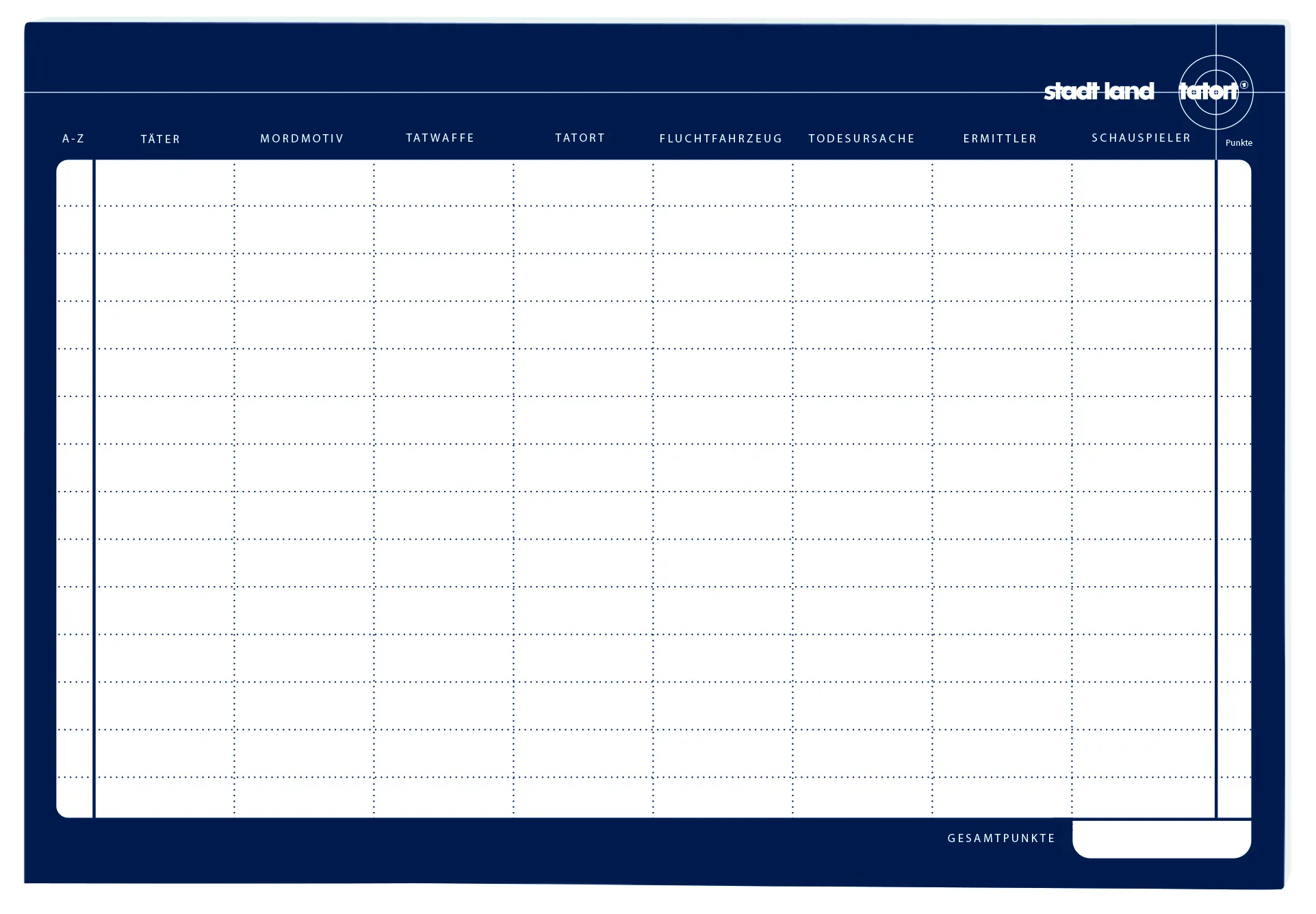 Tatort 9er Bundle (Memo, Notizbuch klein, Kuli, Anhänger Kommissar, Stadt Land Tatort, Tatwaffen Magnete)