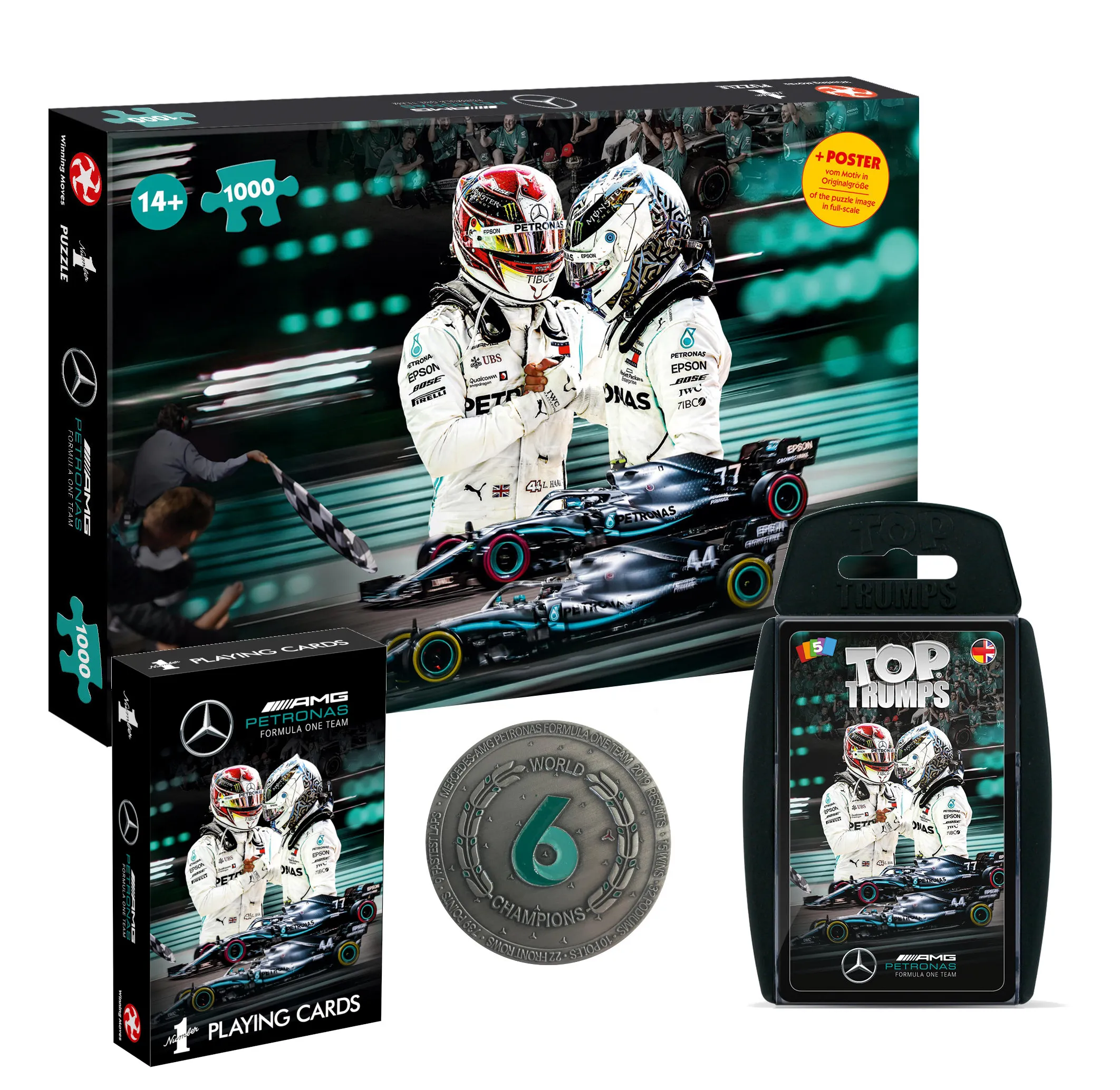 Mercedes 4er Fanbundle: Spielkarten + Top Trumps + Puzzle + Sammler-Münze
