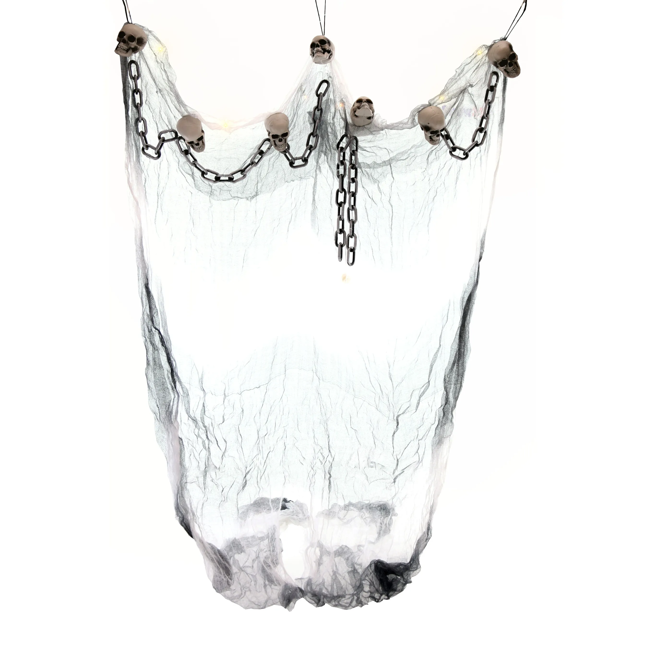 Halloween Dekoration - Gardine mit Lichterkette (Gliderkette & Totenköpfe, 180x120cm)