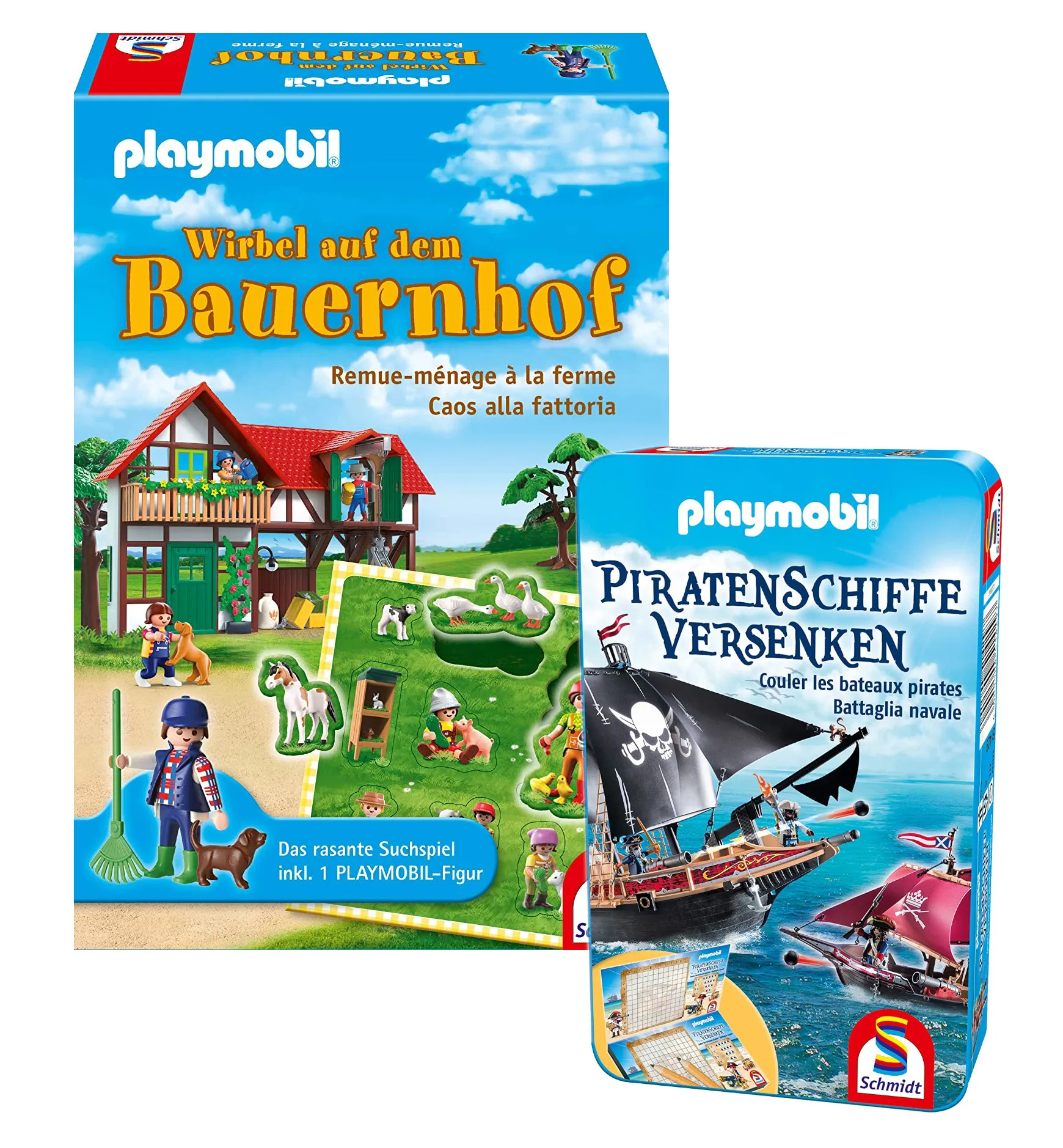 Schmidt - Playmobil 2er BUNDLE  - Suchspiel Wirbel auf dem Bauernhof + Piratenschiffe versenken