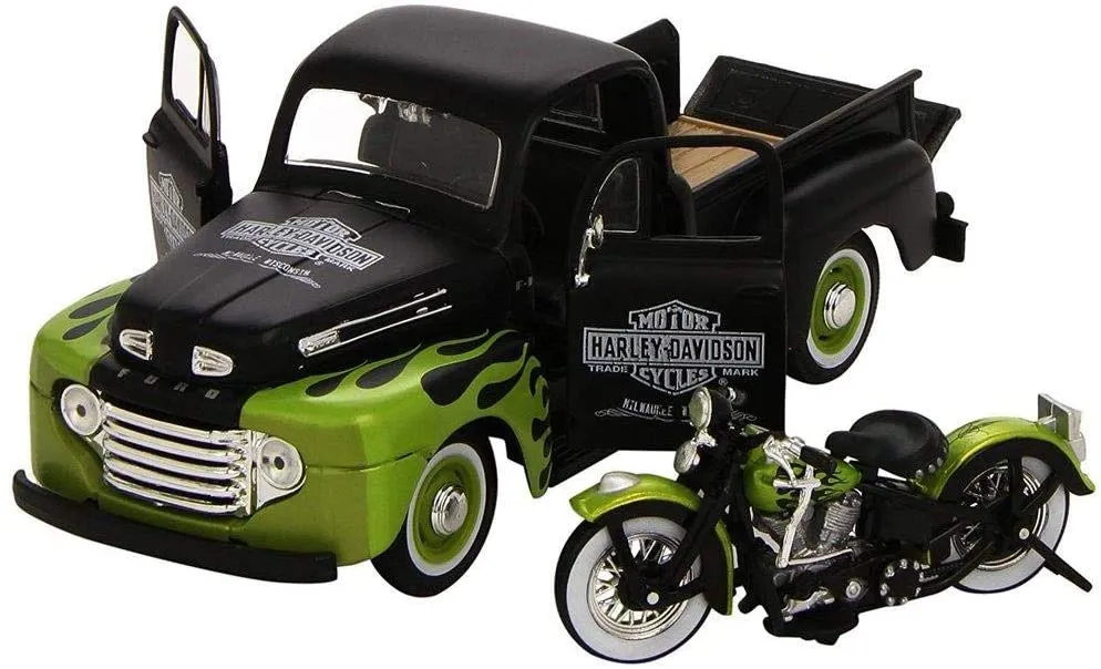 Maisto 32171 - Modellauto - Ford F1 Pick-Up '48 + Harley FL Panhead '48 (schwarz-grün, Maßstab 1:24)