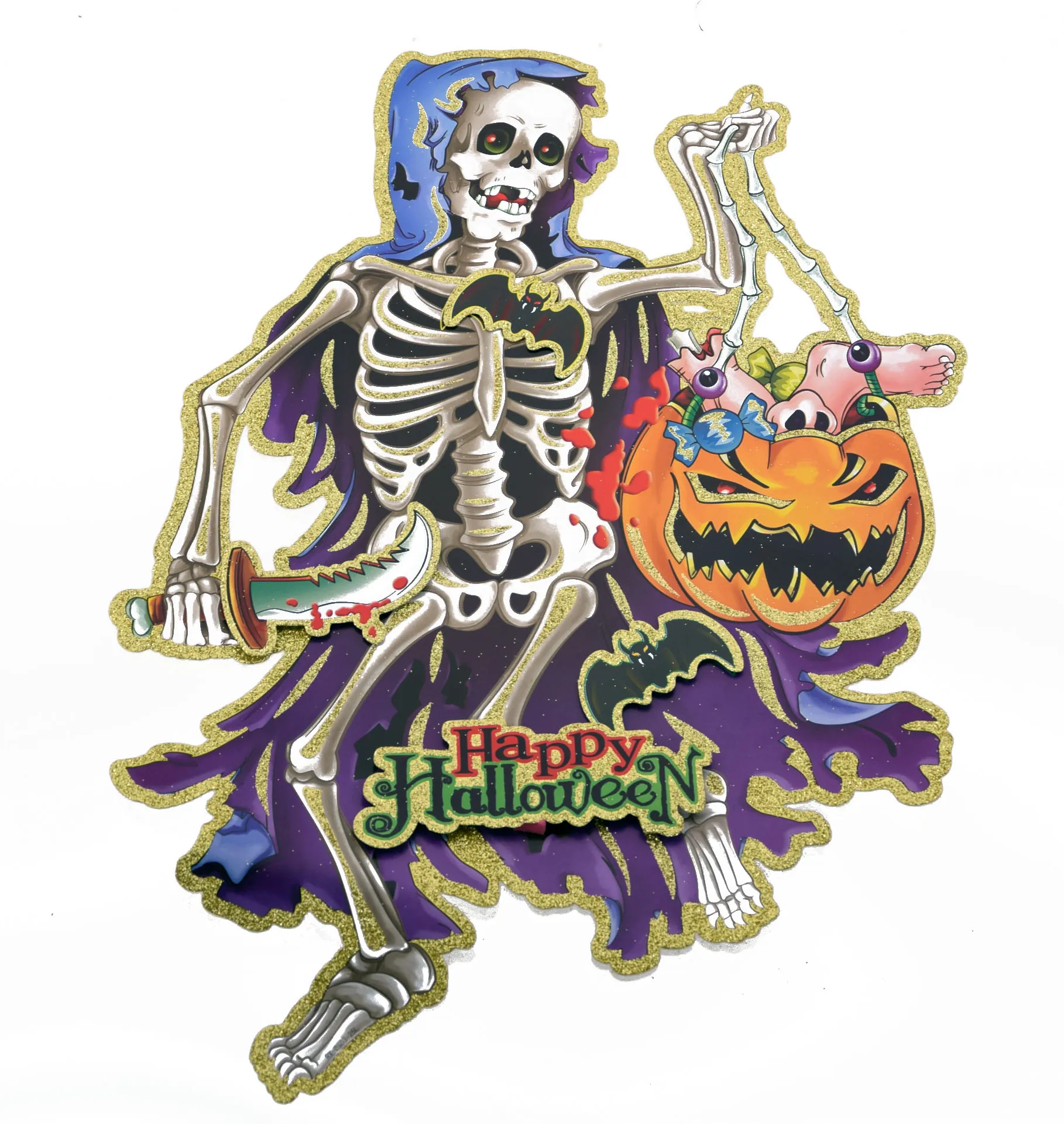 Halloween Papier-Deko - Skelett mit Messer & Kürbis (58x42cm)