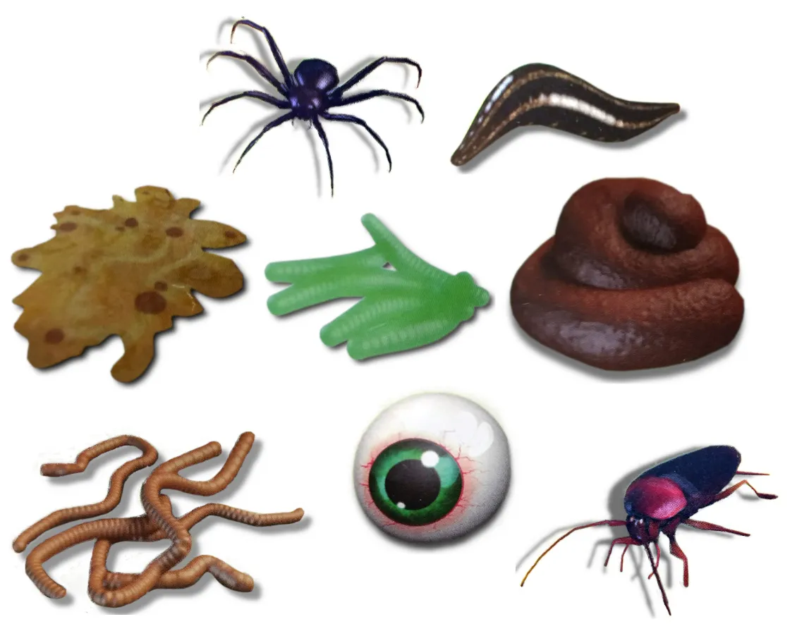 Shockerz! Scherzartikel 8er Set (Spinne, Blutegel, Ekel-Kotze, Maden, Kacke, Würmer, Glibberauge, Kakerlake)