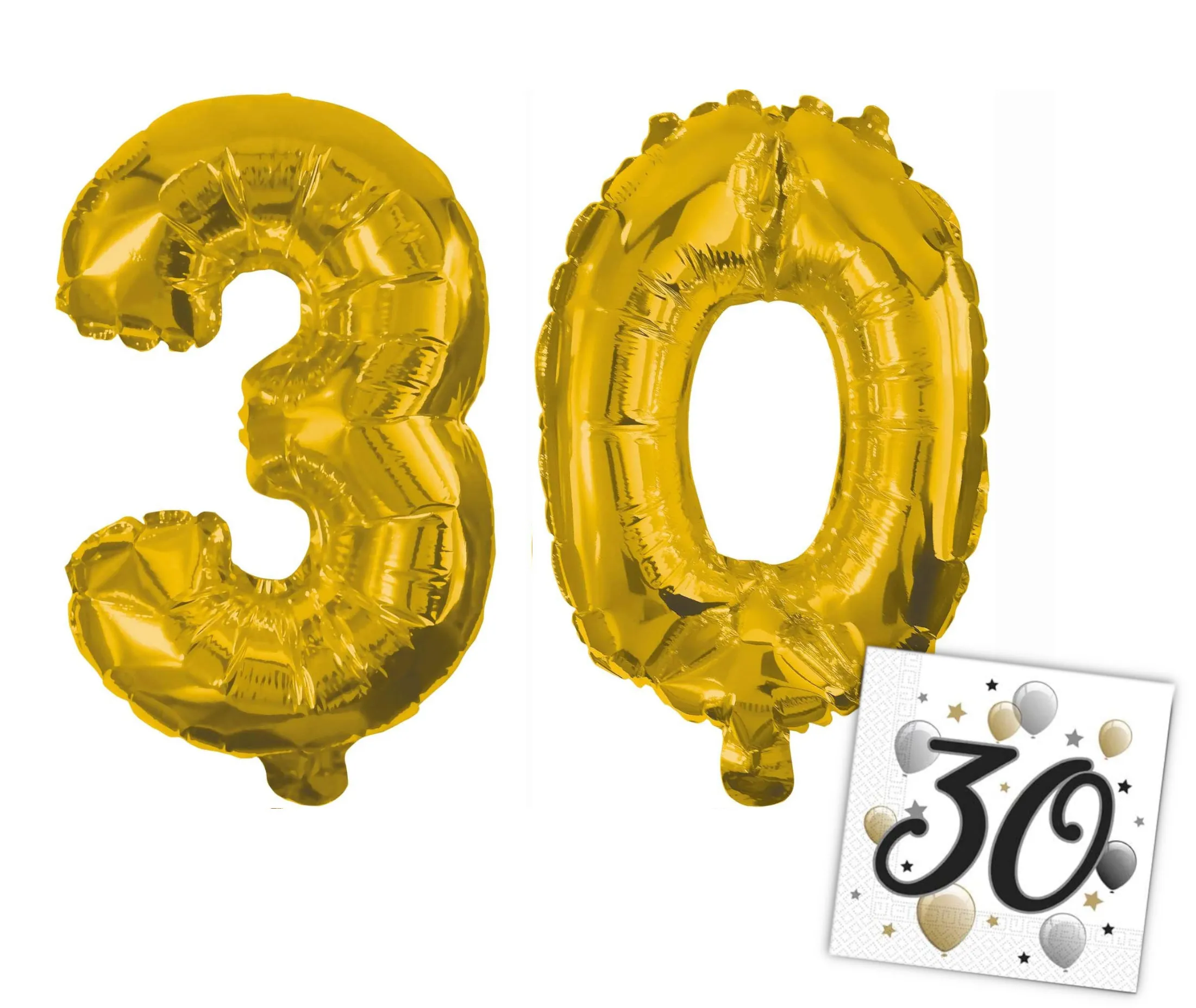 Procos - Folienballons - Zahlen 3 & 0 für 30. Geburtstag (33cm, gold) + Servietten »30«