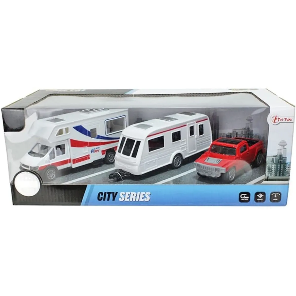 Toi-Toys - Modellfahrzeug Set - Wohnmobil + Wohnwagen + Pick-Up-Truck