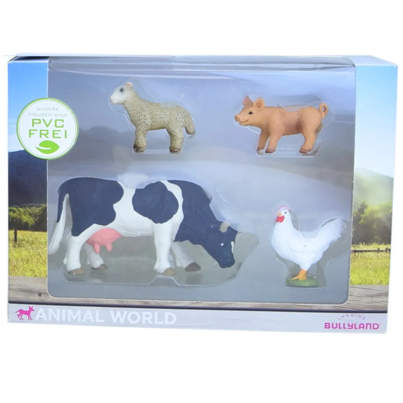 Animal World Figuren - Schaf, Schwein, Kuh und Huhn