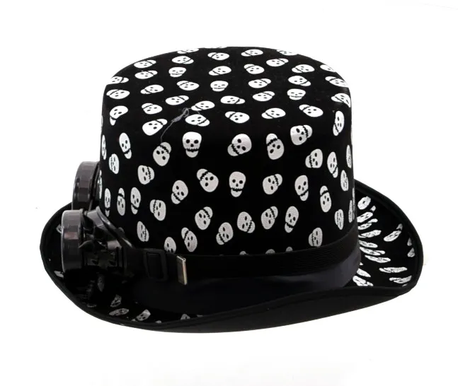 Halloween - Steam-Punk Hut mit Totenkopf Spitze und Stachelbrille (schwarz/weiß)