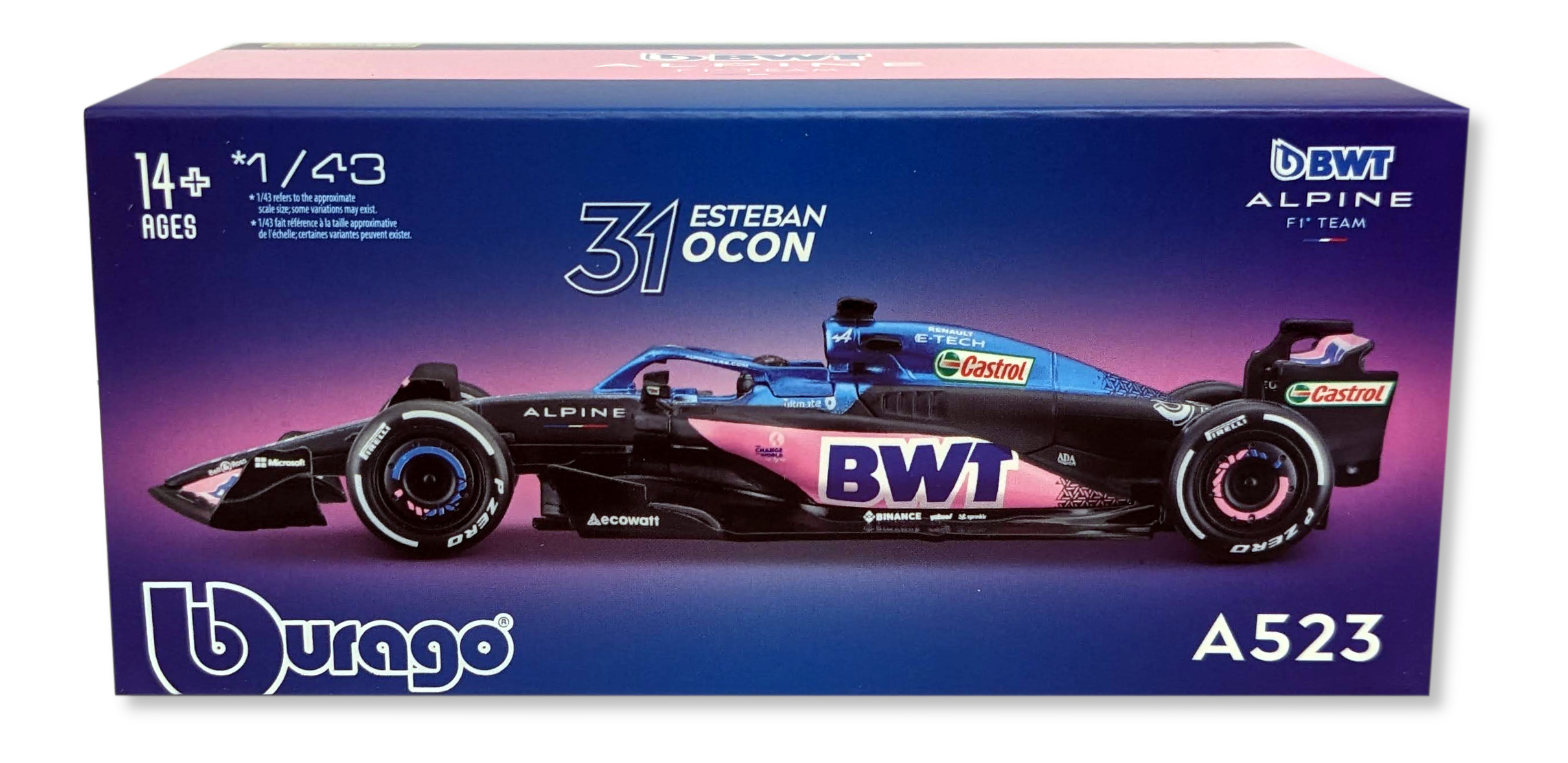 Bburago 18-38073O - Modellauto - F1 Renault Alpine A523' 23  #31 Ocon (mit Helm, Maßstab 1:43)