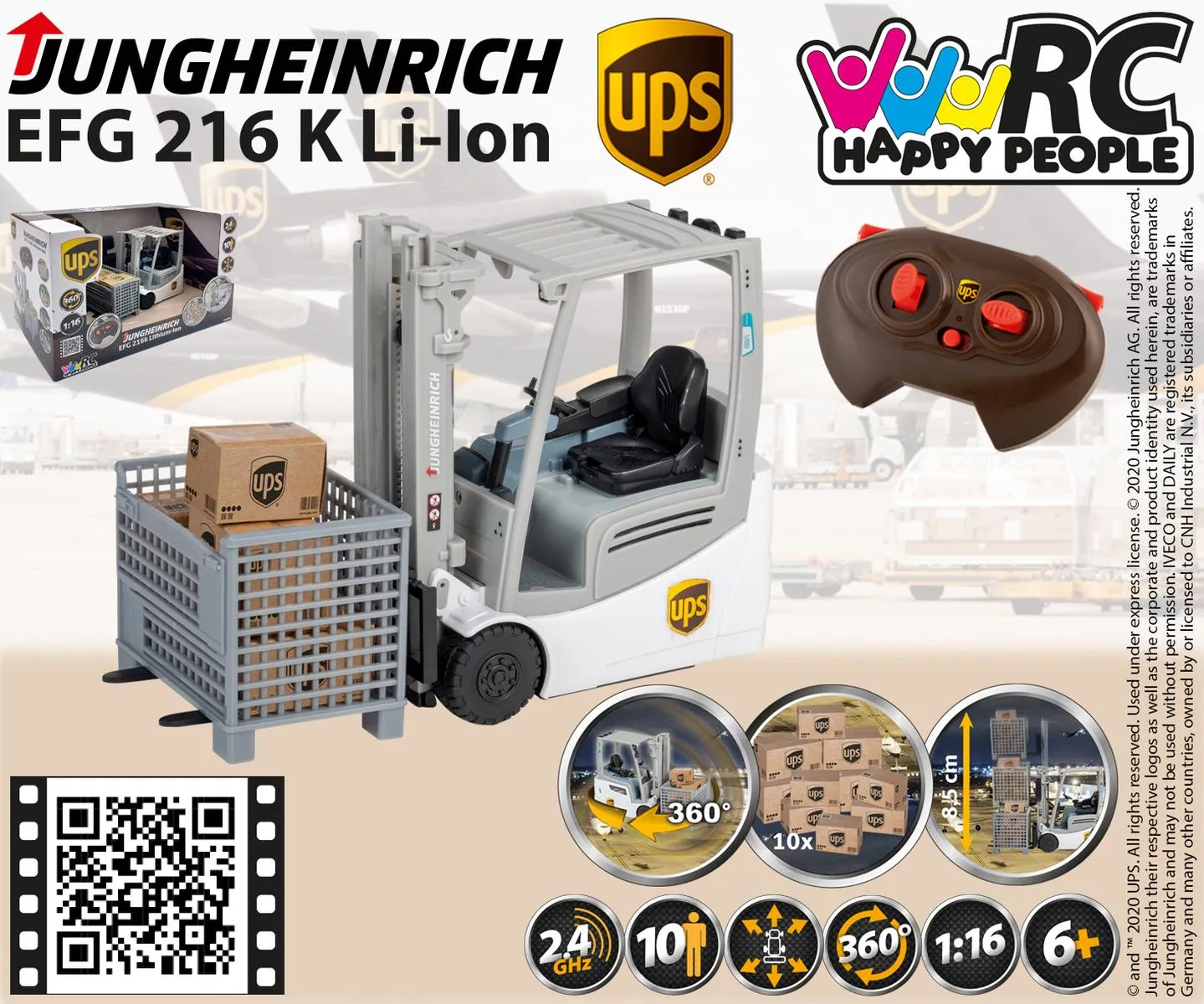 Happy People 34450 - Ferngesteuerter Gabelstapler - UPS Jungheinrich EFG 216 K Li-Ion (1:16)