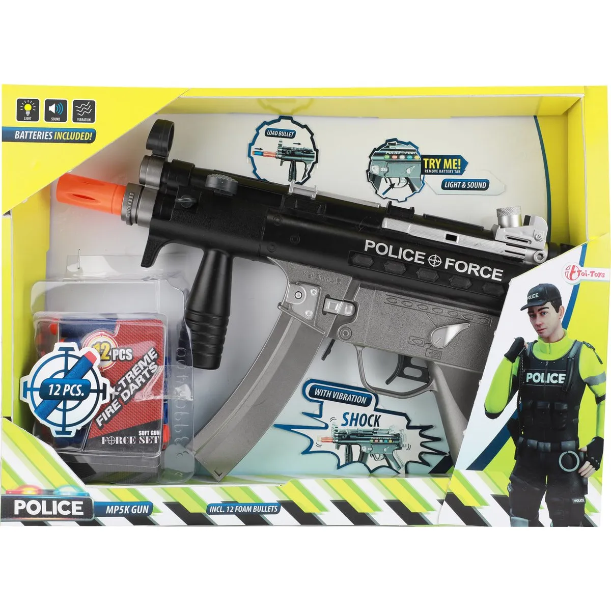 Toi-Toys - Polizei-Pistole MP5K Gun mit Schaumstoffpfeilen (mit Licht, Sound & Vibration)