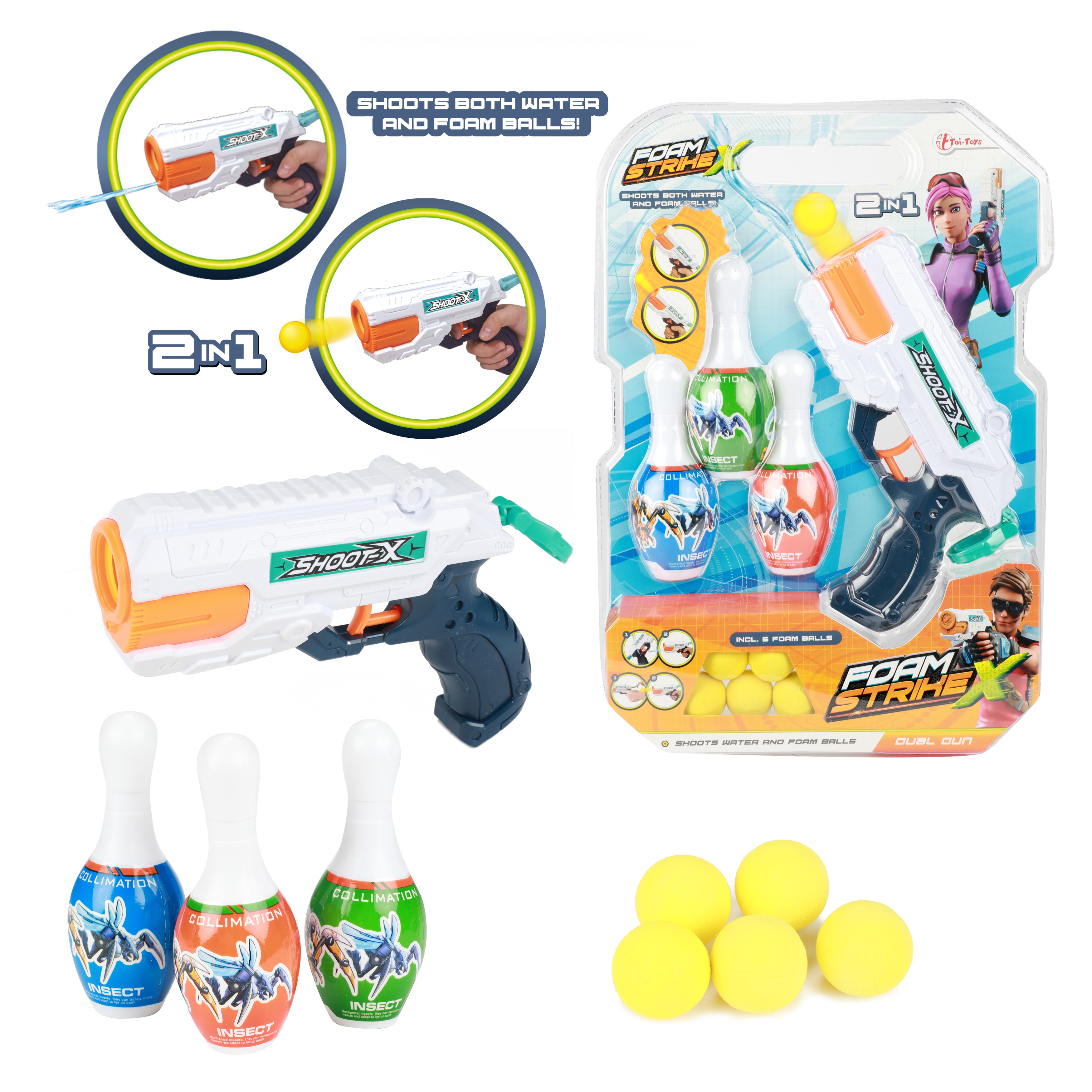 Toi-Toys 32743A - FOAM STRIKE X Set - Wasserpistole mit 5 Bällen und 3 Kegeln Toi-Toys 32743A - FOAM STRIKE X Set - Wasserpistole mit 5 Bällen und 3 Kegeln