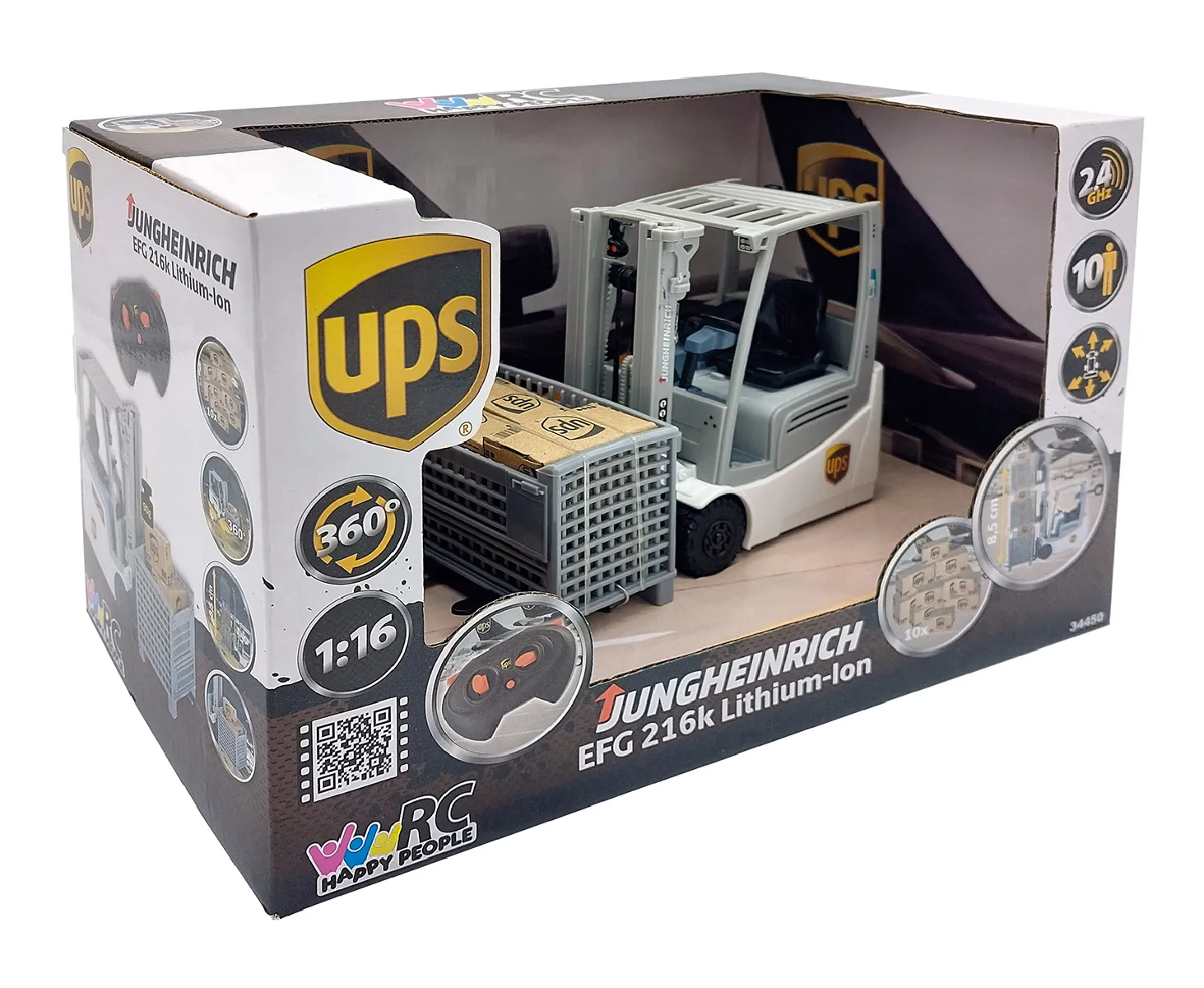 Happy People 34450 - Ferngesteuerter Gabelstapler - UPS Jungheinrich EFG 216 K Li-Ion (1:16)
