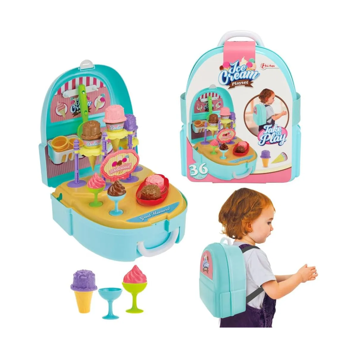 Toi-Toys Eis-Set Rucksack mit Bechern, Kegeln & Zubehör, Spielzeug ab 3 Jahren