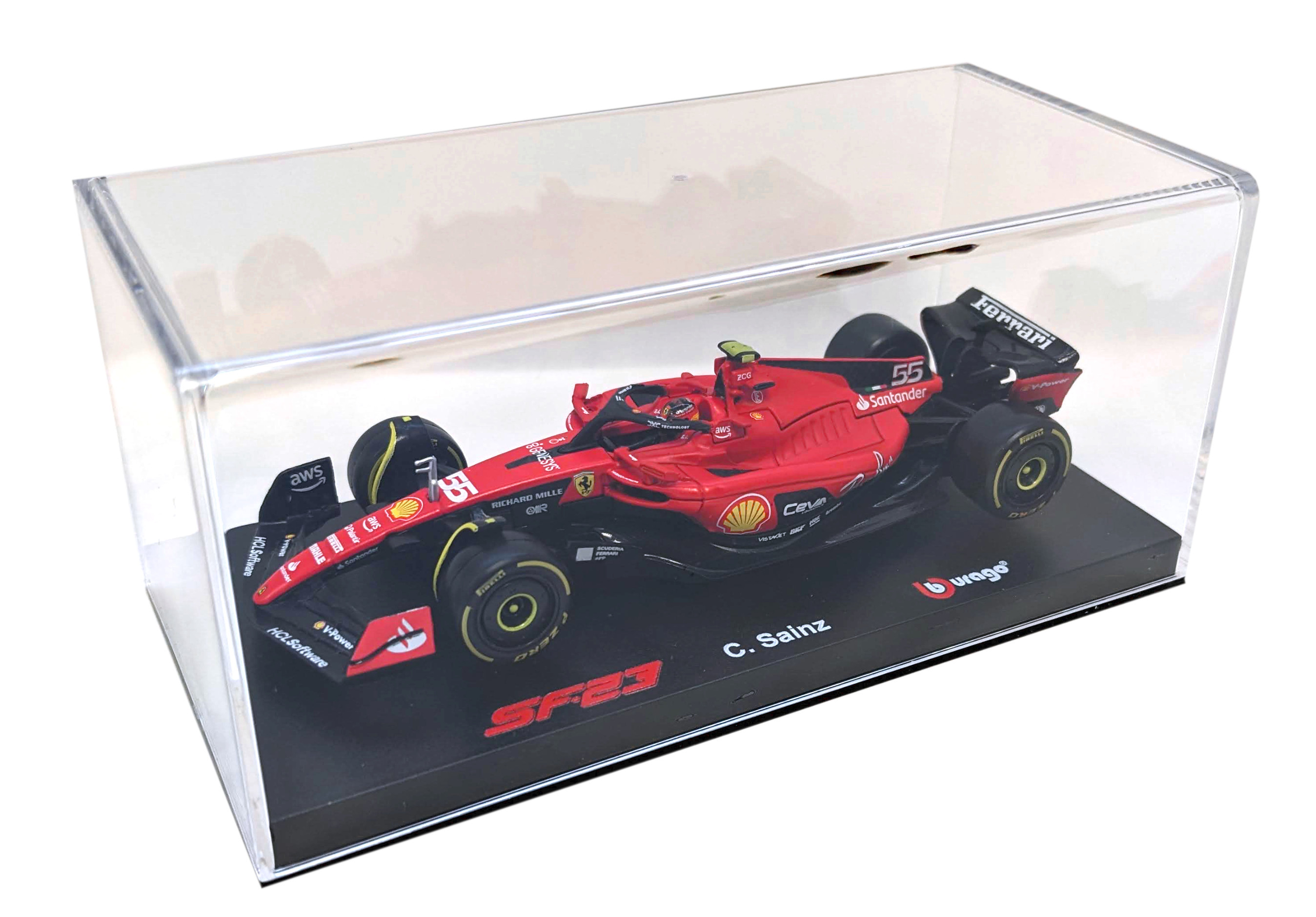 Bburago 18-36835S - Modellauto - F1 Ferrari SF-23 #55 Sainz (mit Helm, Maßstab 1:43)
