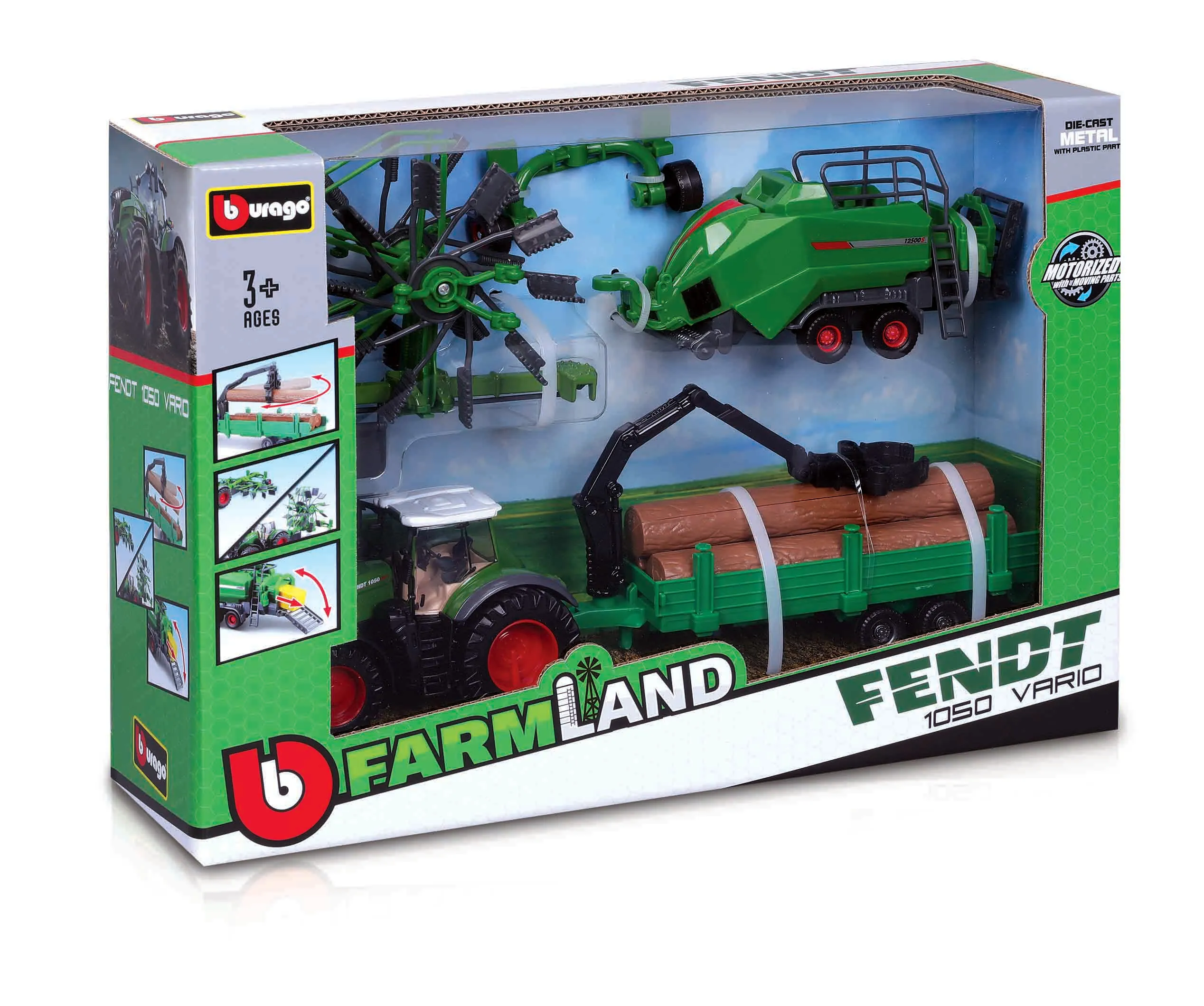 Bburago 18-31668 - Traktor - Fendt 1050 Vario mit 3 verschiedenen Anhängern (10cm)