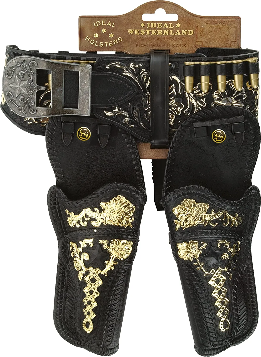 Schrödel 705 4217 - Ideal Westernland - Pistolengürtel 2 Holster (90cm, schwarz mit Goldprägung)