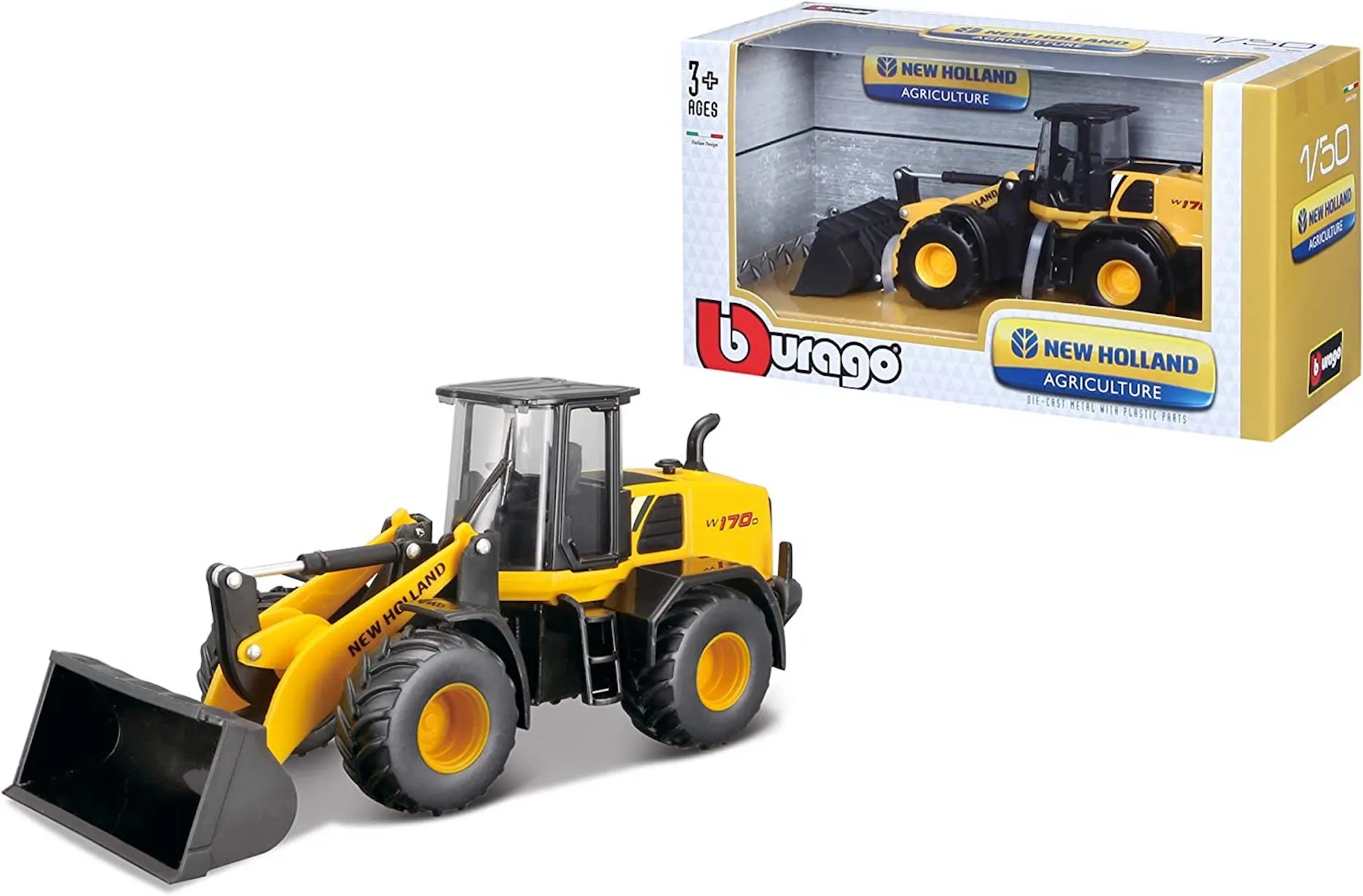 Bburago 18-32083 - Spielzeugfahrzeug - New Holland Radlader W170D (gelb, Maßstab 1:50)
