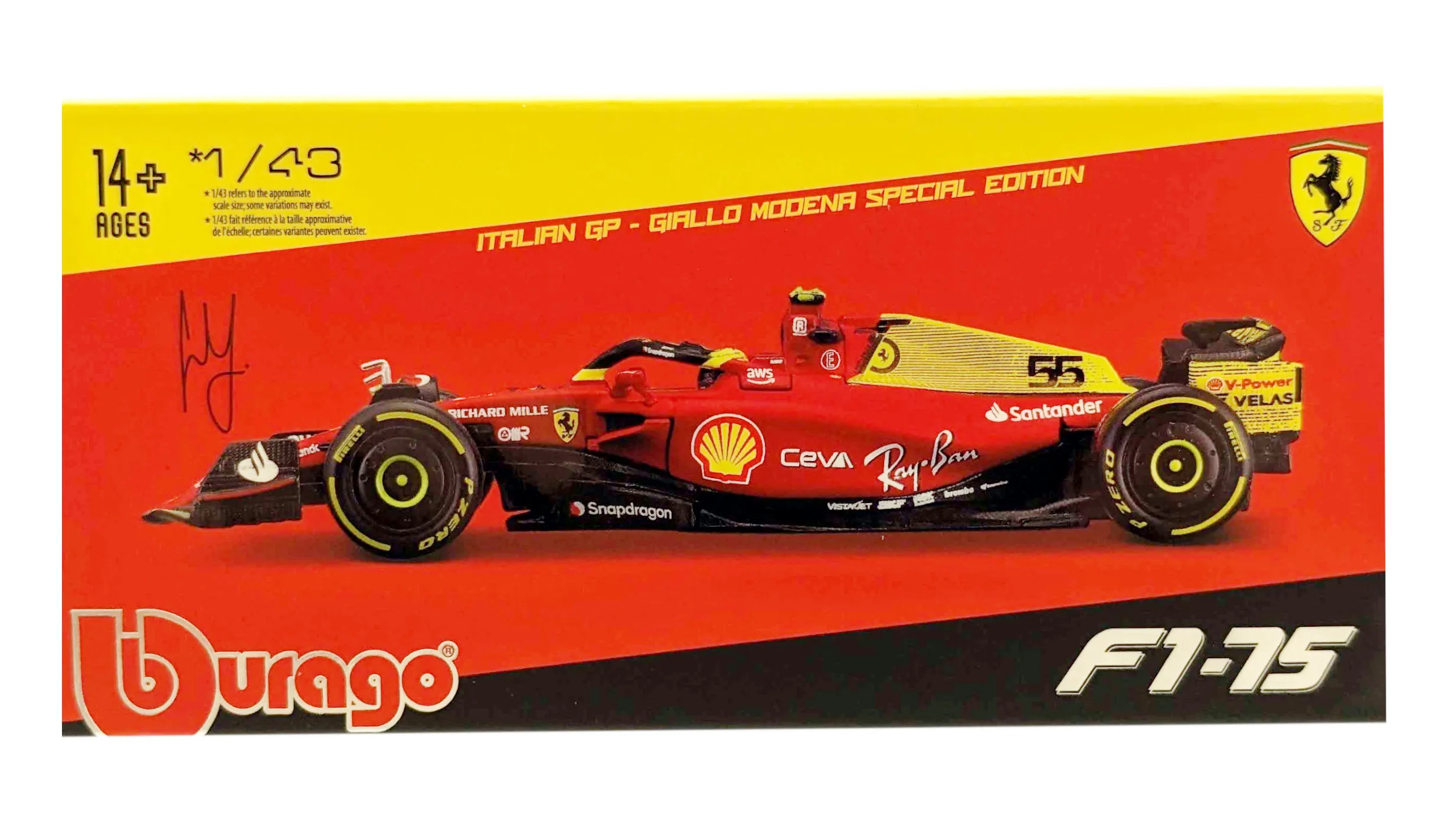 Bburago 18-36831 - Modellauto - Ferrari F1-75 Sainz #55 Monza-Ausführung (mit Fahrer, Maßstab 1:43)