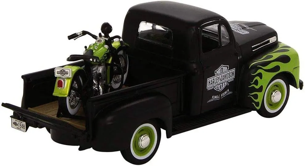 Maisto 32171 - Modellauto - Ford F1 Pick-Up '48 + Harley FL Panhead '48 (schwarz-grün, Maßstab 1:24)