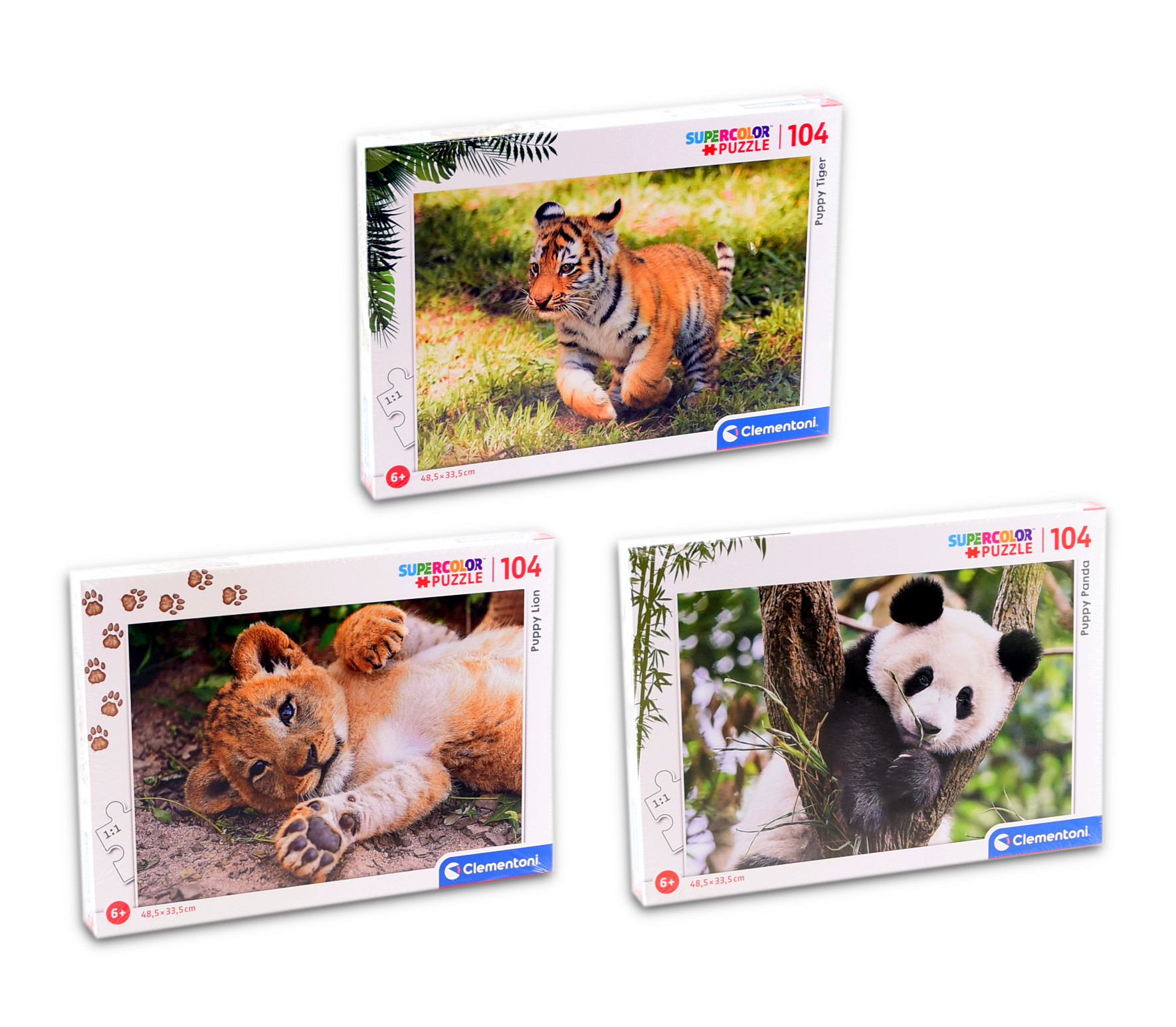 Clementoni Supercolor Puzzle - 3er Set 104 Teile - Puppy (Tiger, Löwe, Panda)