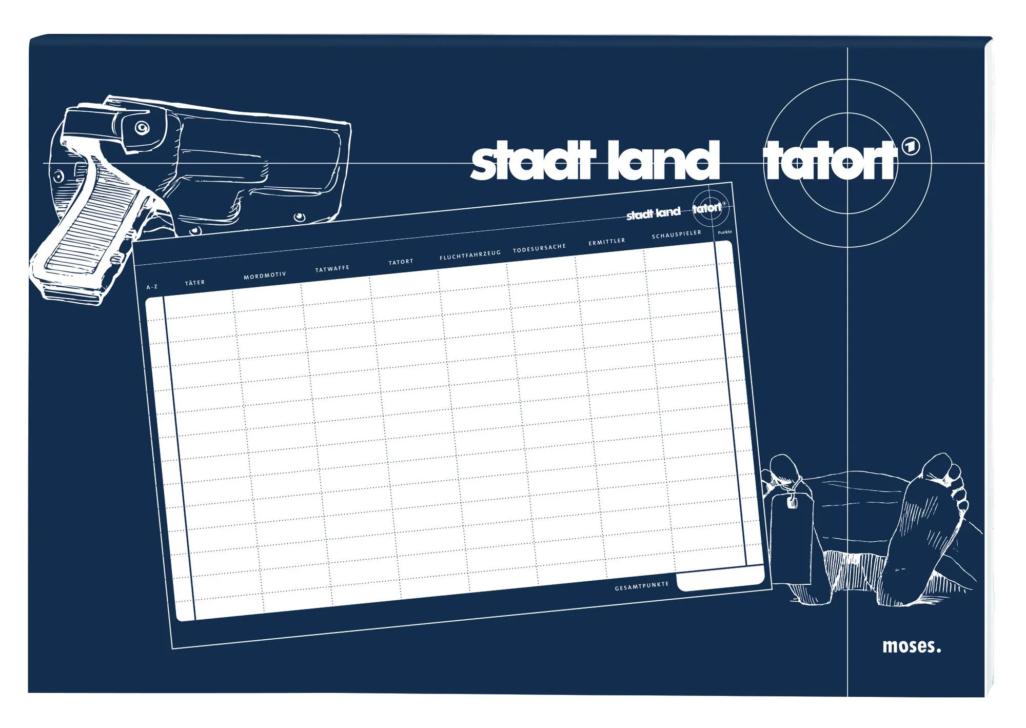 Tatort 9er Bundle (Memo, Notizbuch klein, Kuli, Anhänger Kommissar, Stadt Land Tatort, Tatwaffen Magnete)