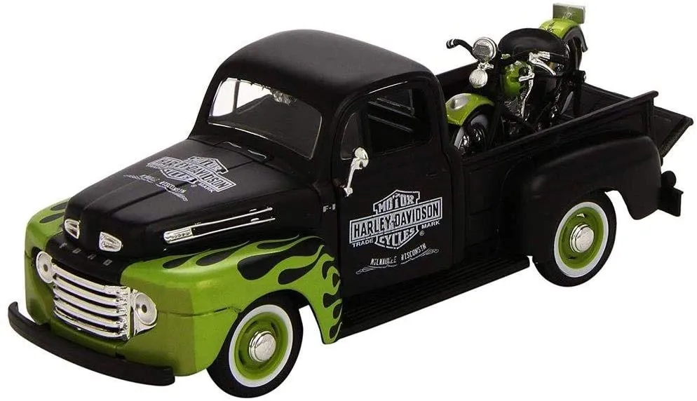 Maisto 32171 - Modellauto - Ford F1 Pick-Up '48 + Harley FL Panhead '48 (schwarz-grün, Maßstab 1:24)