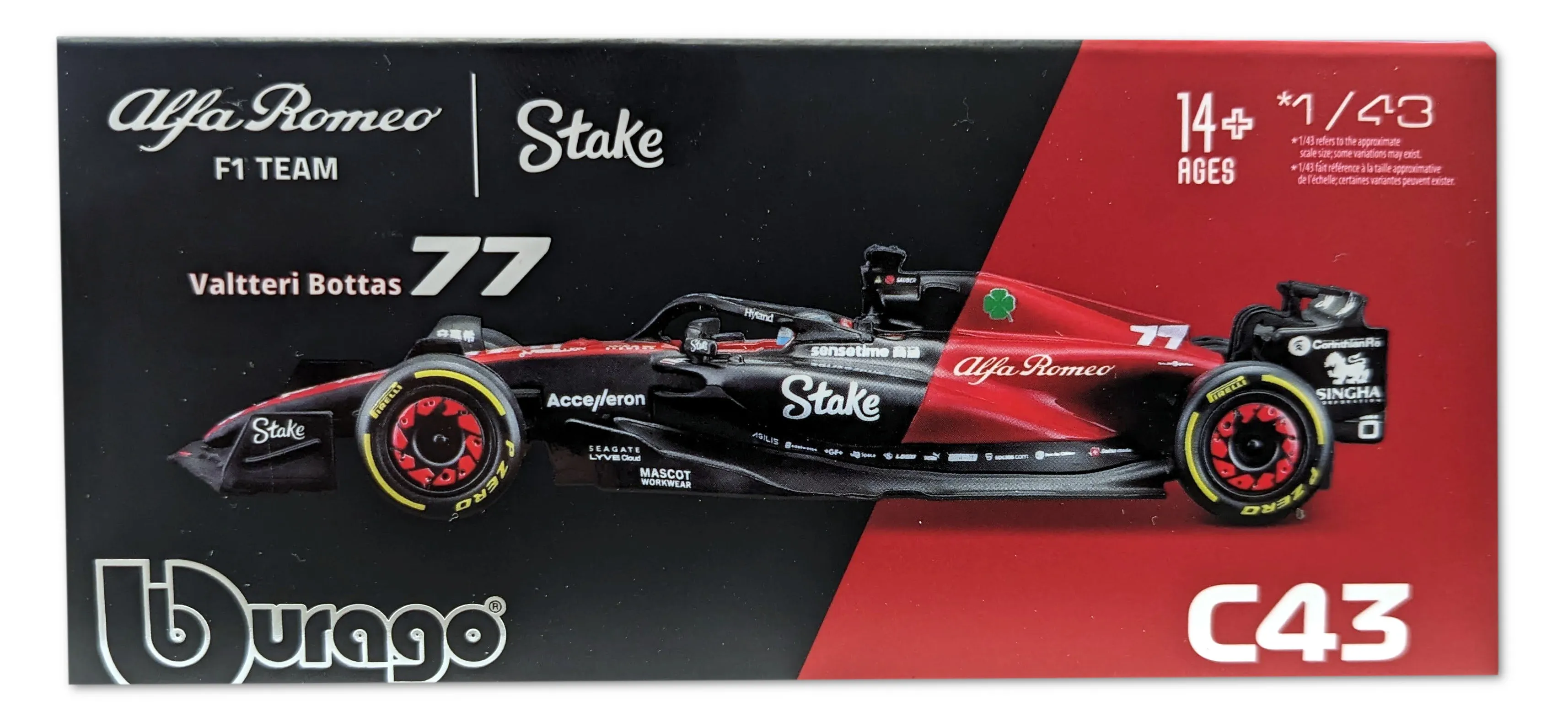 Bburago 18-38086 - Modellauto - F1 Alfa Romeo C43 #77 Bottas (mit Helm, Maßstab 1:43)
