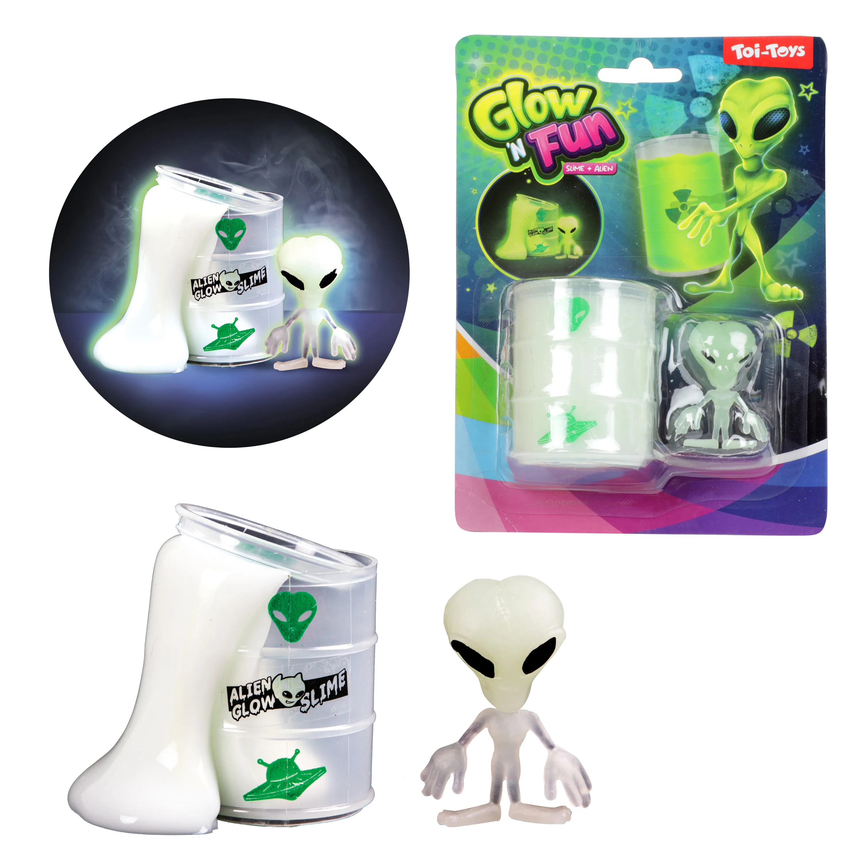 Toi-Toys 35808A - GLOW N FUN Ölfass mit Schleim & Alien