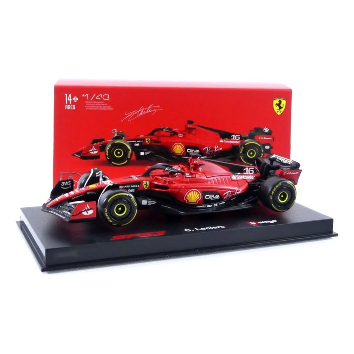 Bburago 18-36835L - Modellauto - F1 Ferrari SF-23 #16 Leclerc (mit Helm, Maßstab 1:43)