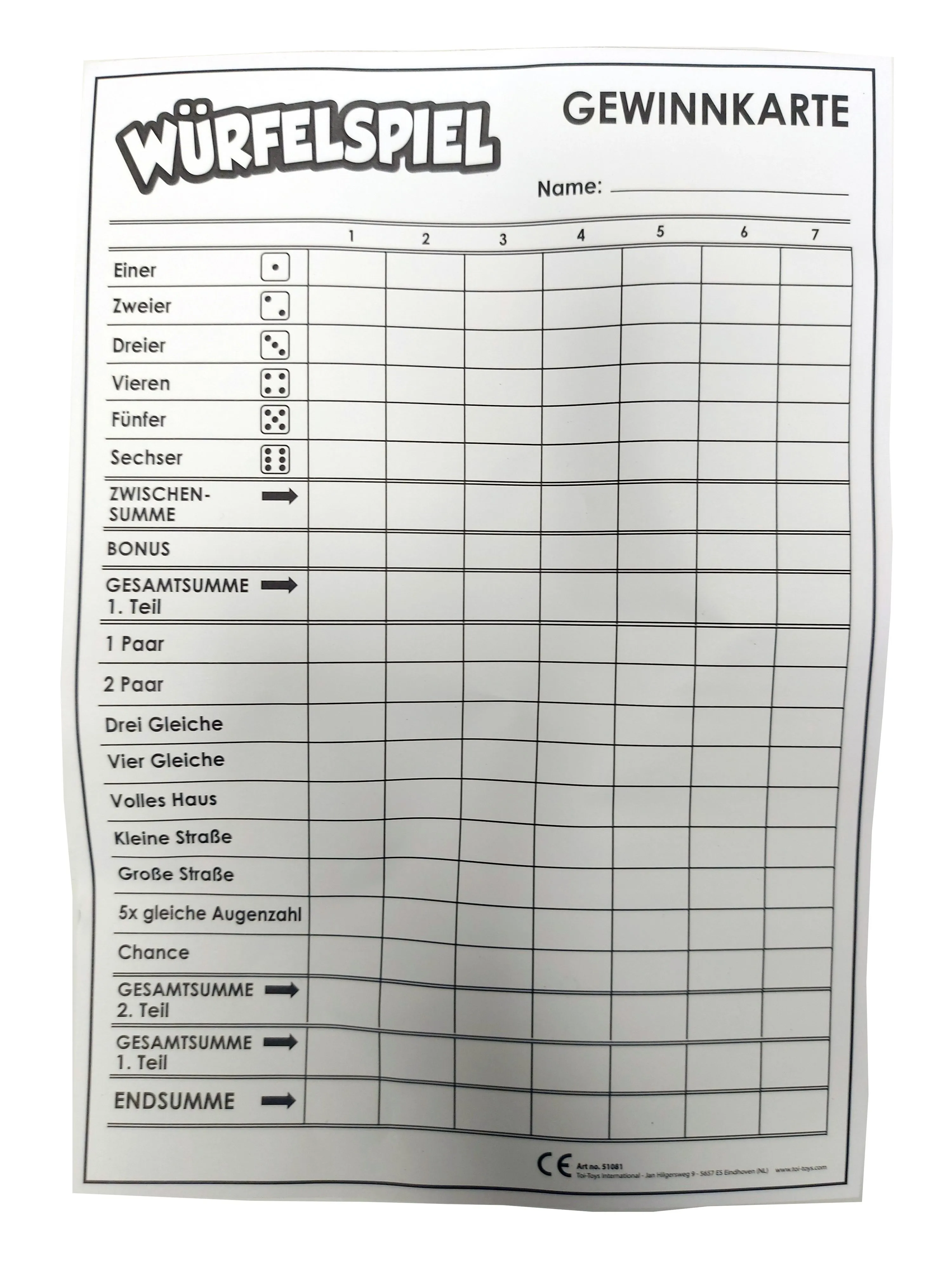 Toi-Toys 51081A - XXL Würfelspiel (deutsch) - Punkteblock inkl. 5 Würfeln