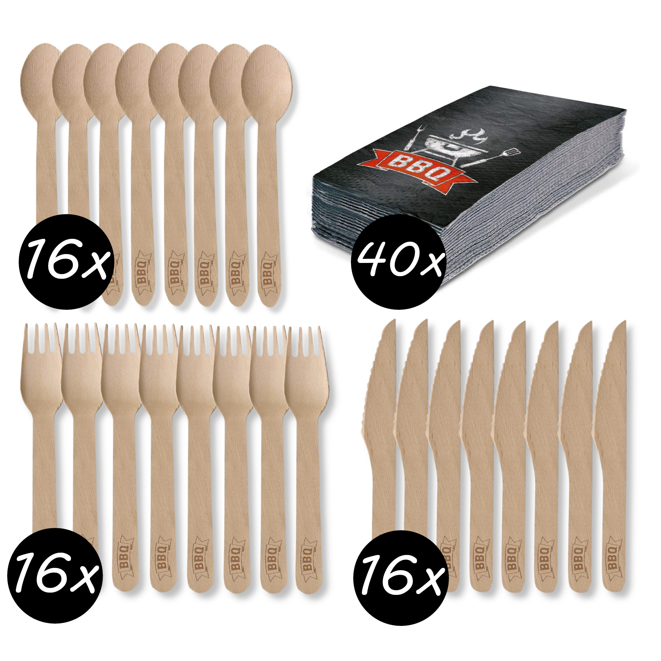 Amscan - BBQ Party Set - Holz-Besteck (48 Teile) + Servietten (40 Stück)