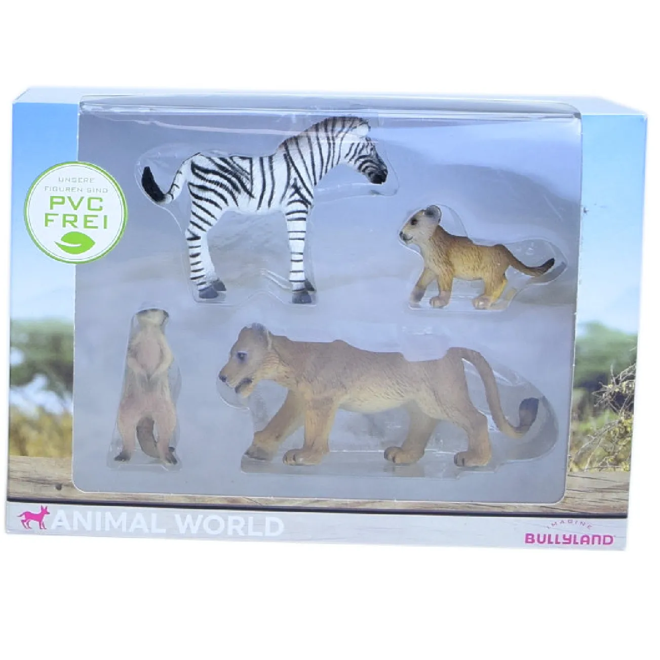 Animal World Figuren - Zebra, Erdmännchen, Löwin, kleiner Löwe