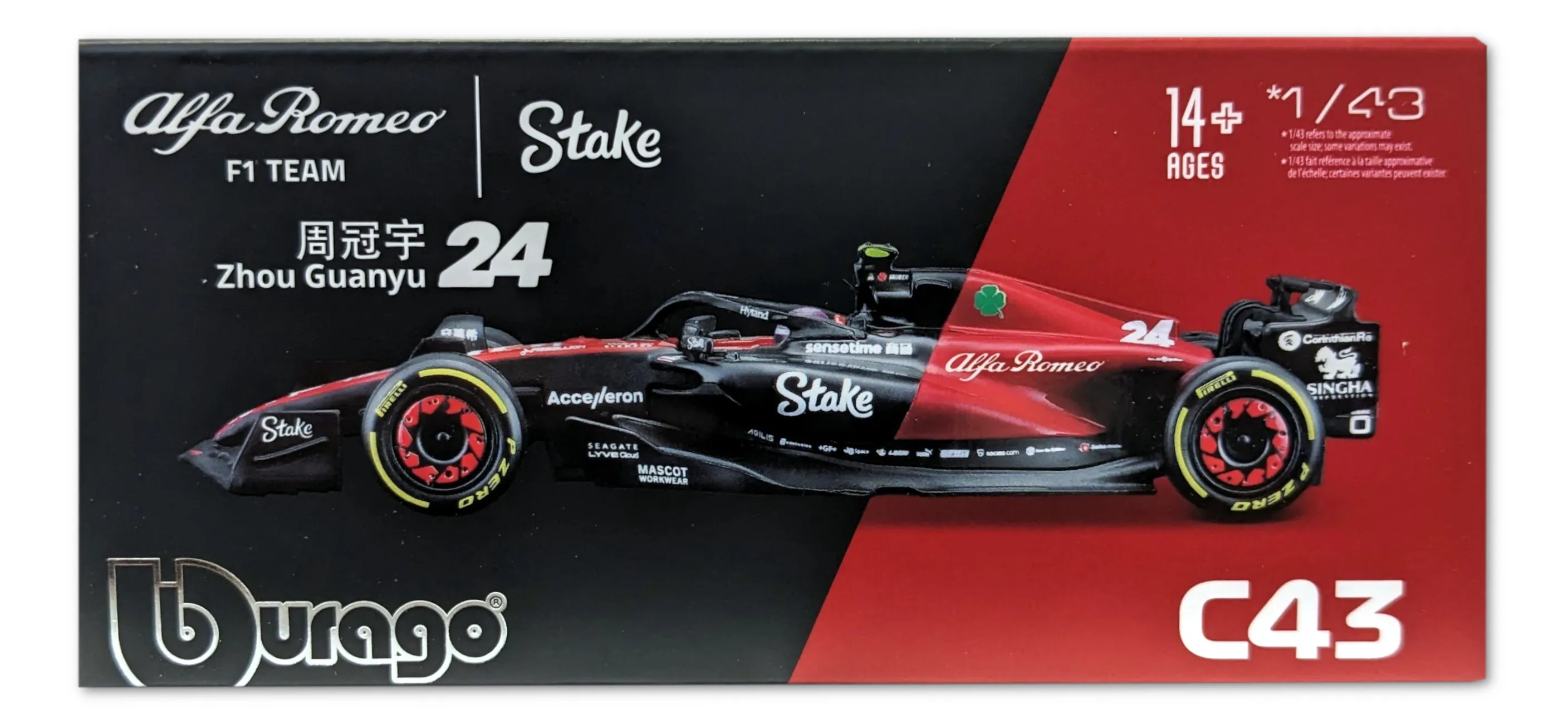 Bburago 18-38086 - Modellauto - F1 Alfa Romeo C43 #24 Zhou (mit Helm, Maßstab 1:43)