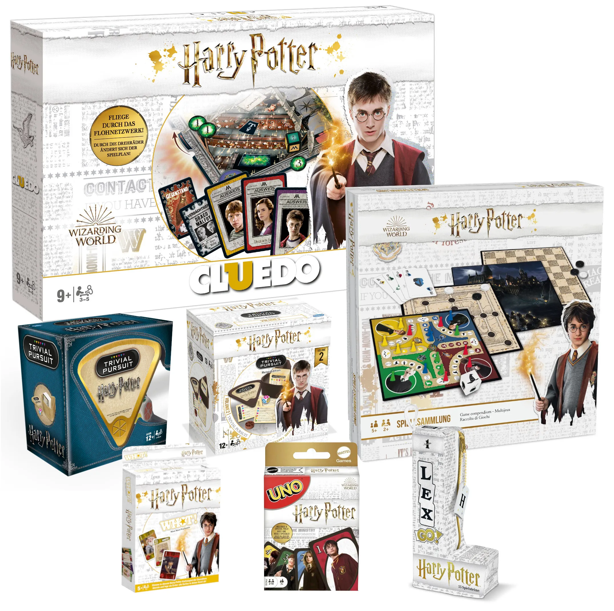 Harry Potter - Mega Spielepaket (Cluedo, Trivial Pursuit Vol. 1+2, Spielesammlung, UNO, Whot, LexGo)