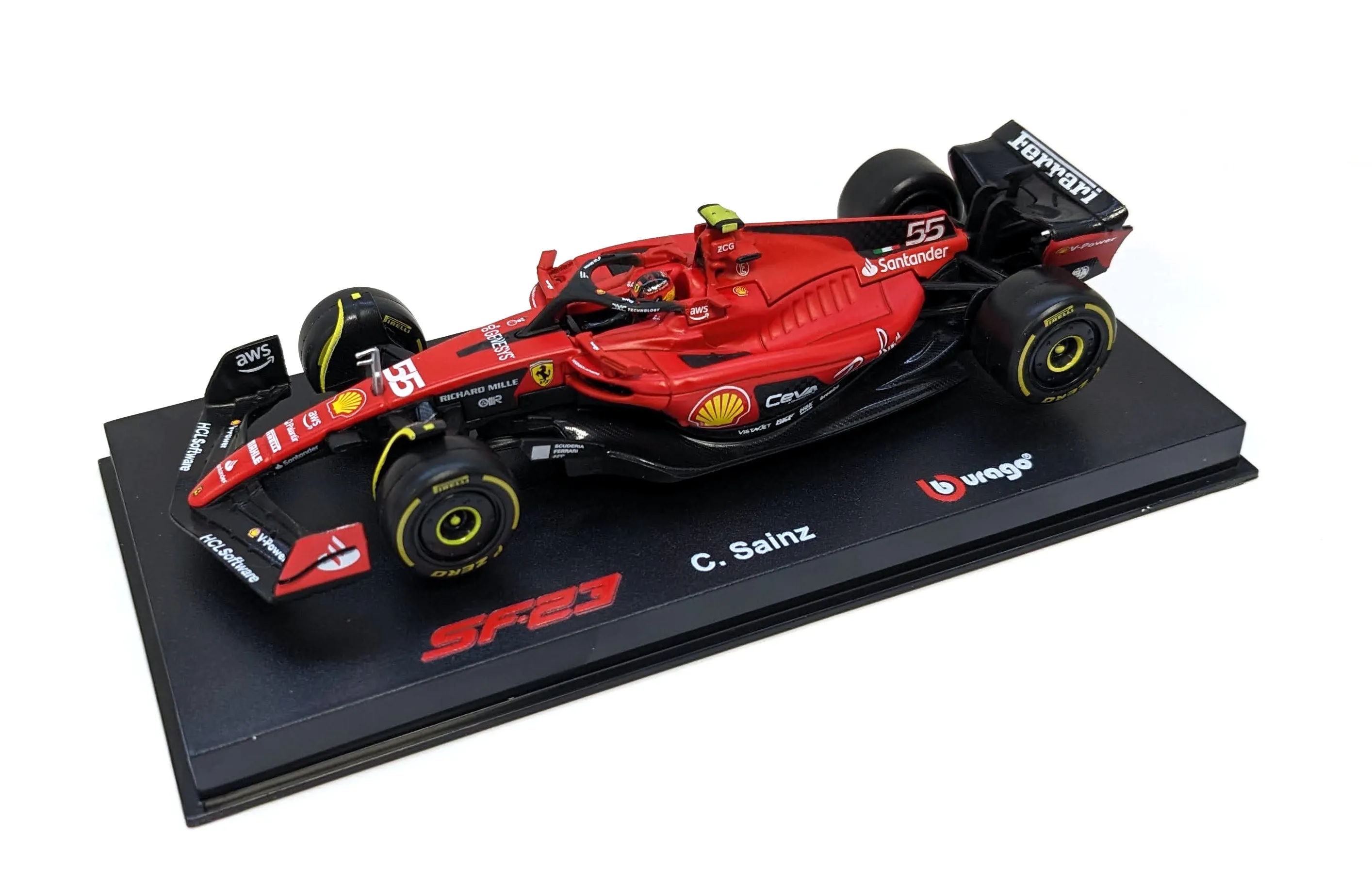 Bburago 18-36835S - Modellauto - F1 Ferrari SF-23 #55 Sainz (mit Helm, Maßstab 1:43)