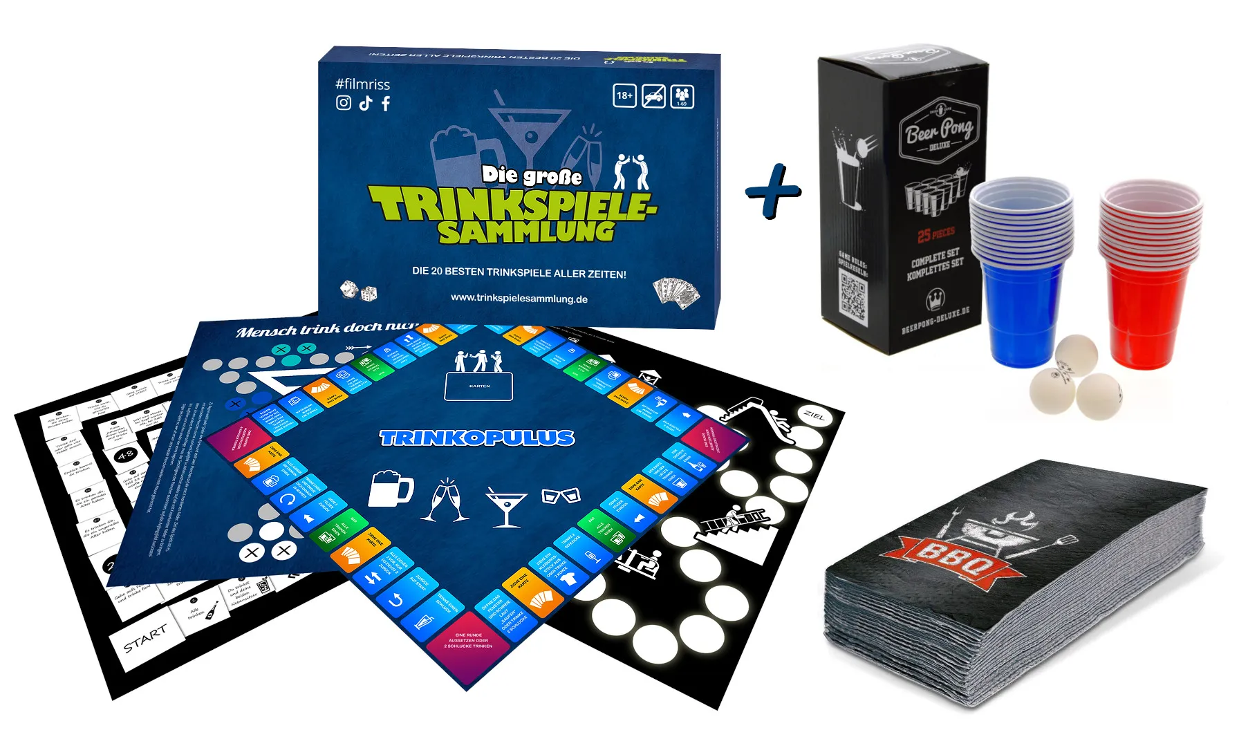 BUNDLE Die große Trinkspielesammlung + Beerpong Set (22 Becher, 3 Bälle) +  20x BBQ Servietten