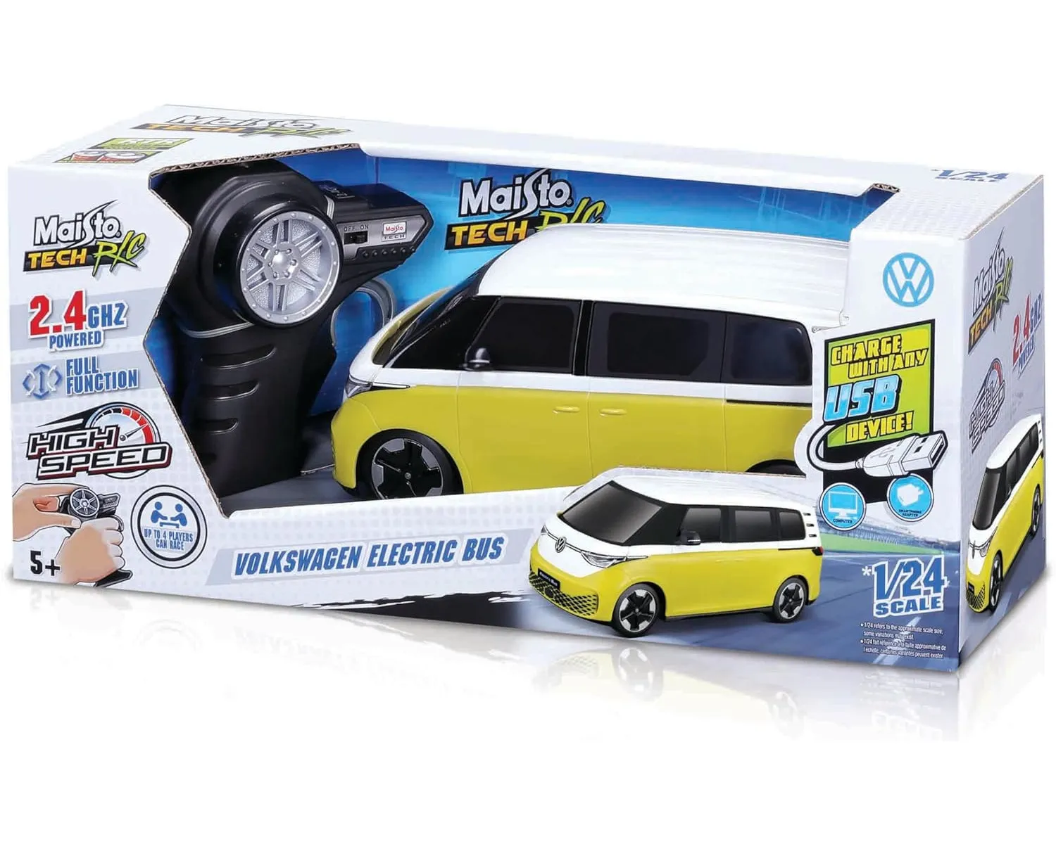 Maisto Tech 82343 - Ferngesteuertes Auto - VW Elektro Bus (weiß-gelb, Maßstab 1:24)
